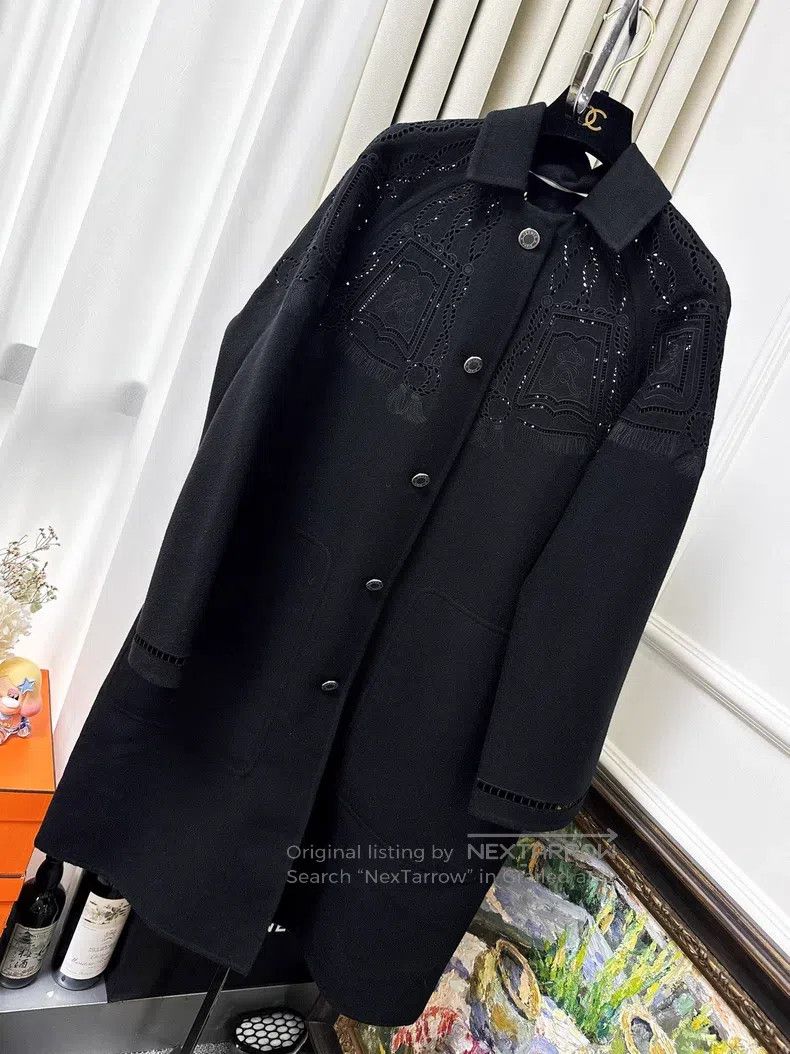 Hermes Black lace-up embroidered cashmere coat