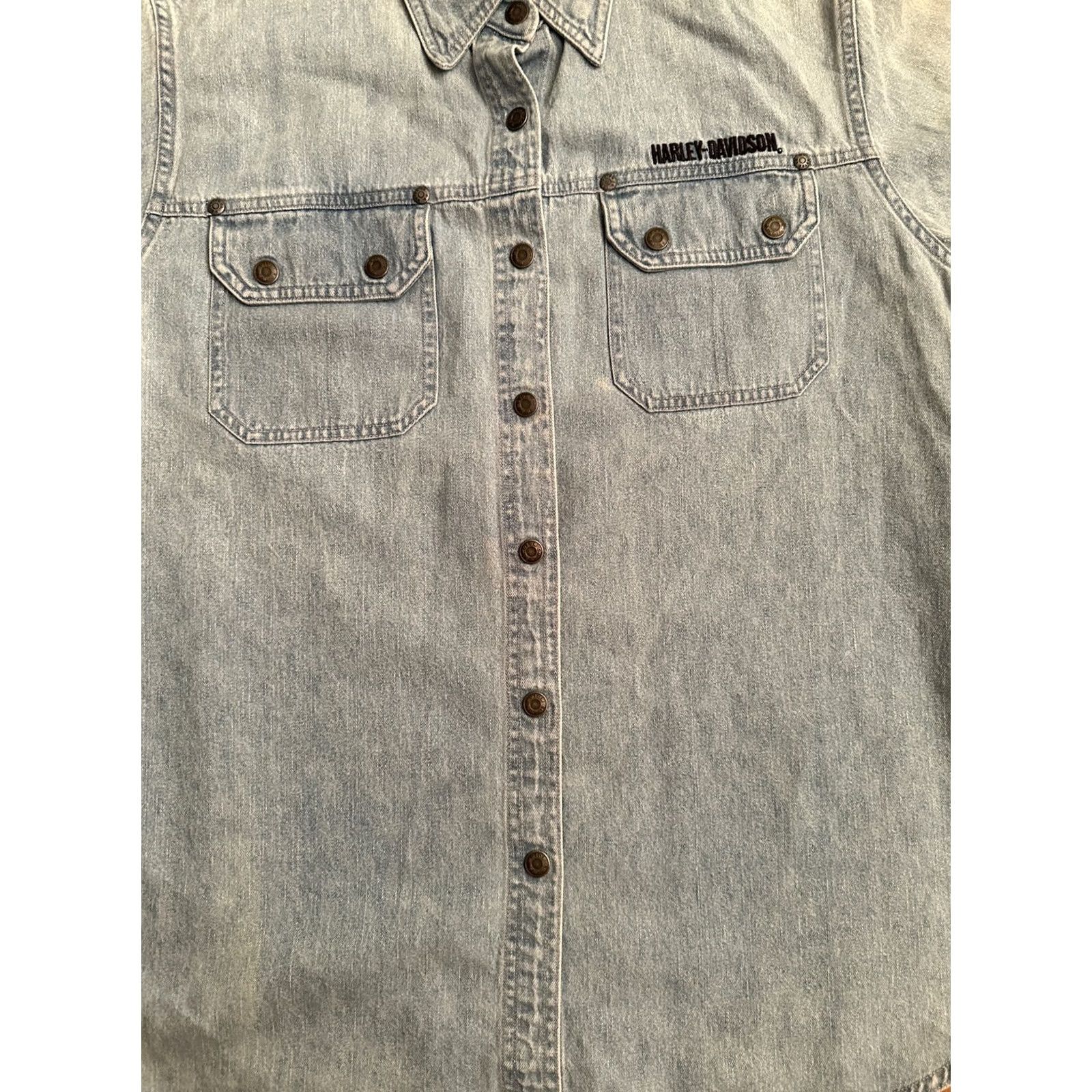 Harley Davidson VINTAGE Harley-Davidson Short Sleeve Button-Up Shirt Denim Blue Women's Sz 1W Size XS / US 0-2 / IT 36-38 - 2 Thumbnail
