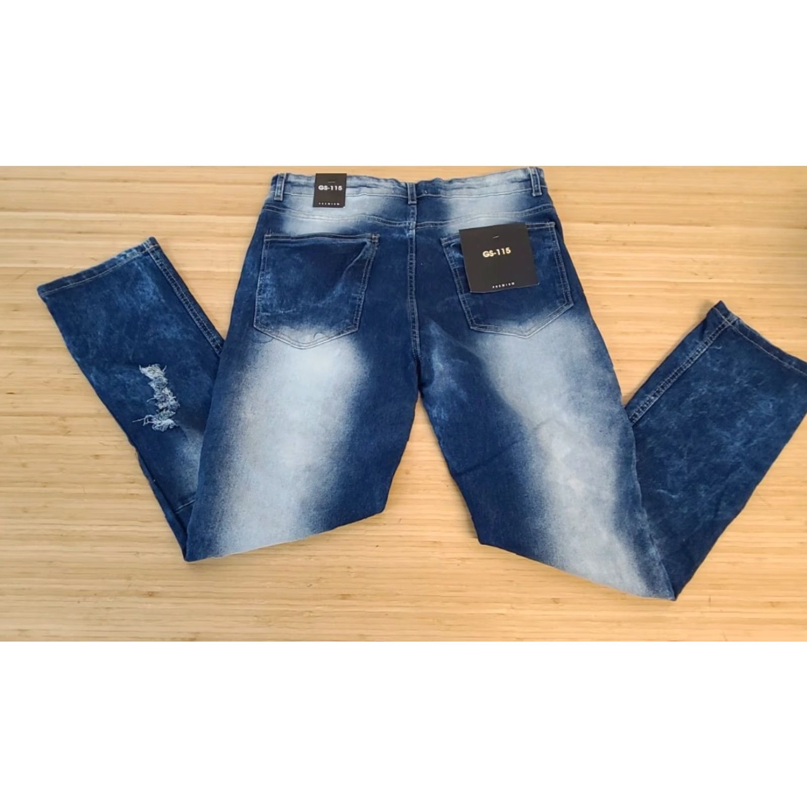 Denime GS-115 Premium Denim Jeans Pants Mens Size 34 X 30 Stretch Blue Distressed Straight Jeans Mens 34x30 Blue Distressed Embroidered Pockets Cotton Denim Size US 34 / EU 50 - 5 Thumbnail