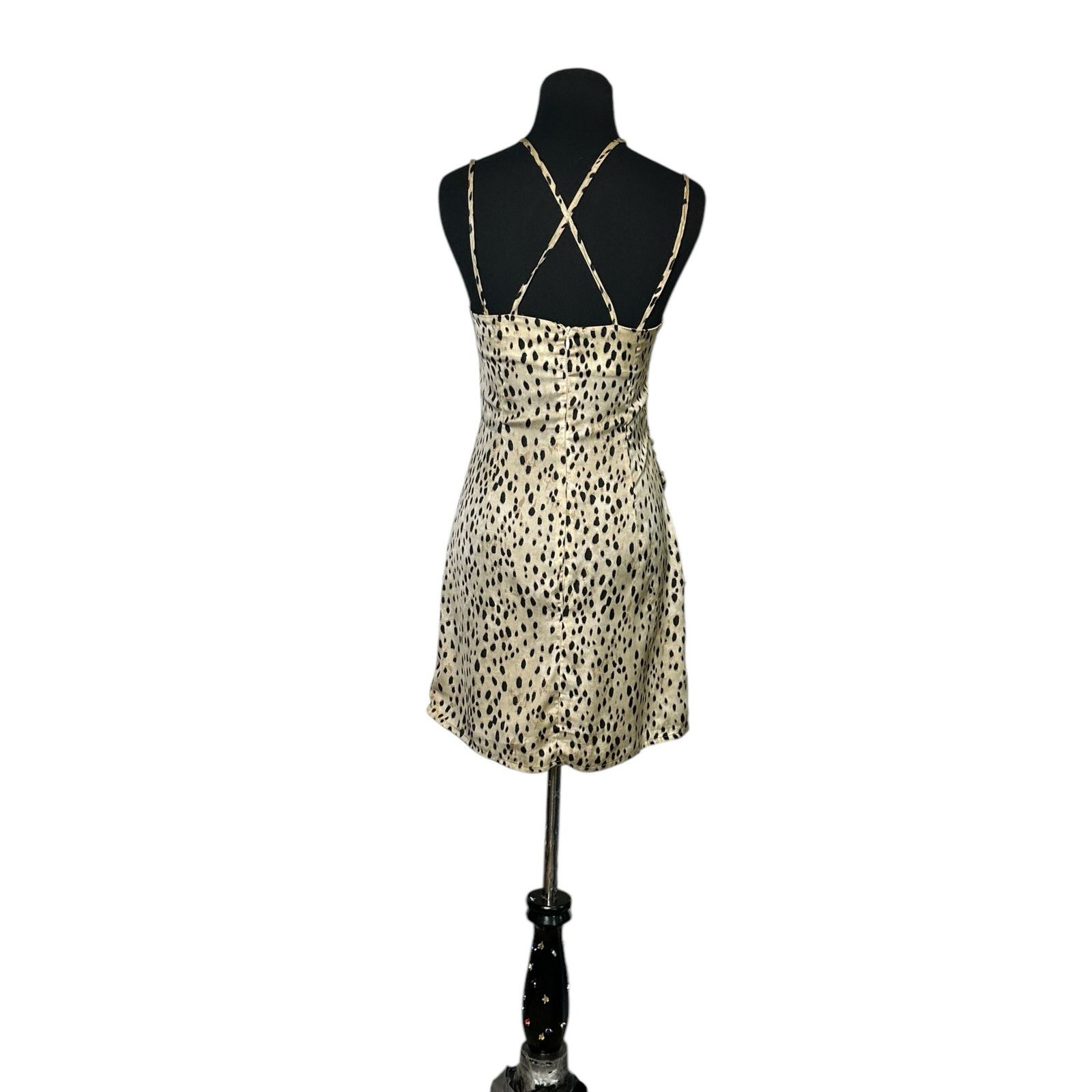 Zara Beige Black Satin Animal Print Mini Slip Dress size XS