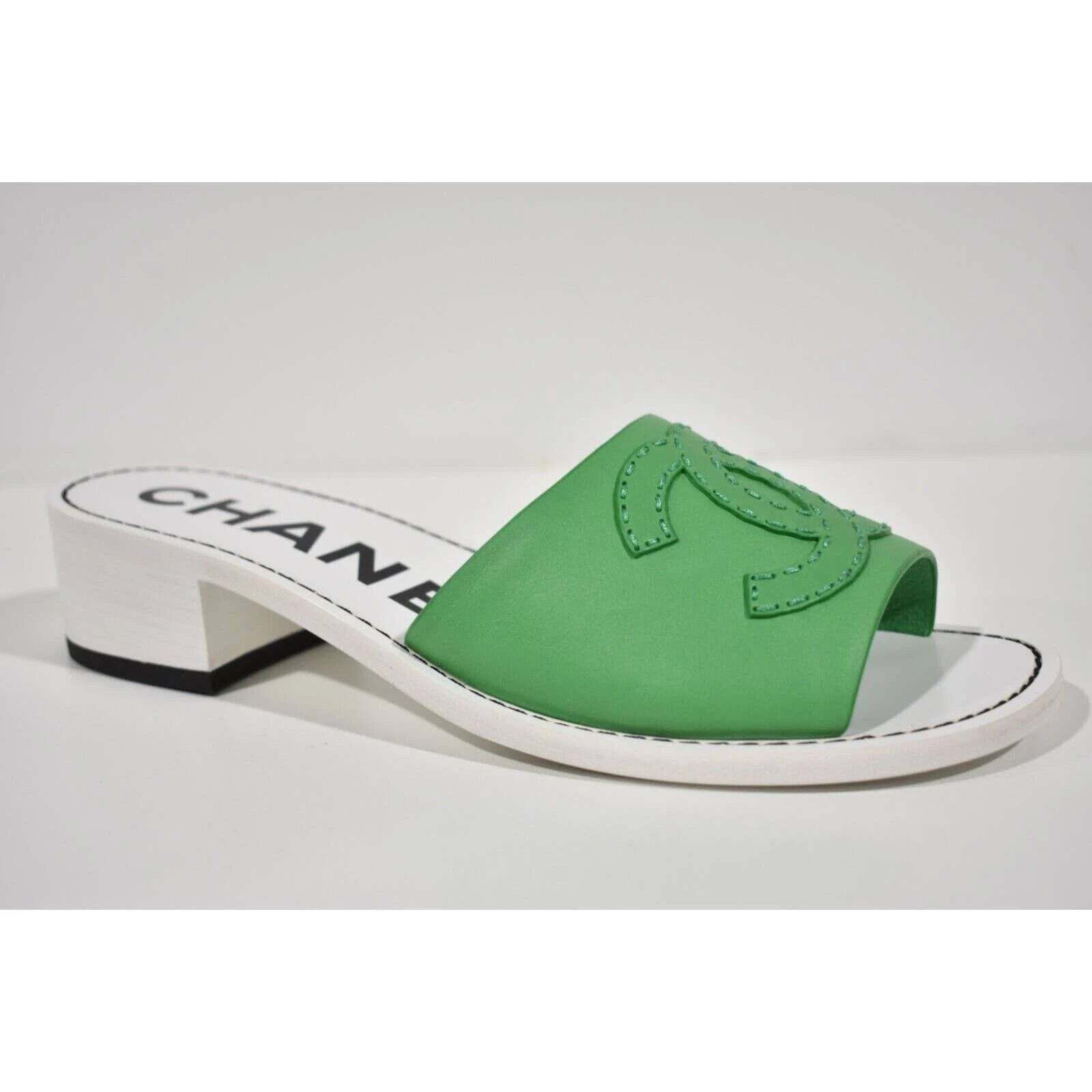 Chanel Chanel 22S Green Calfskin Leather White CC Logo Mules Size US 7 / IT 37 - 3 Thumbnail