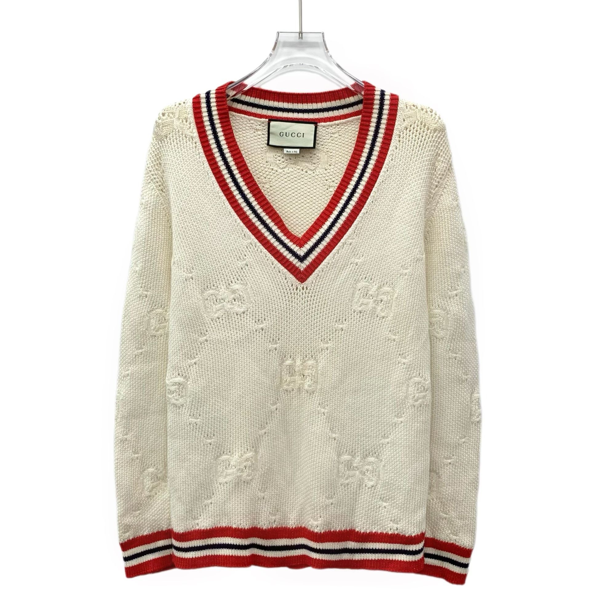 Gucci Beige V-Neck Wool Sweater With Red Striped Trim Logo J