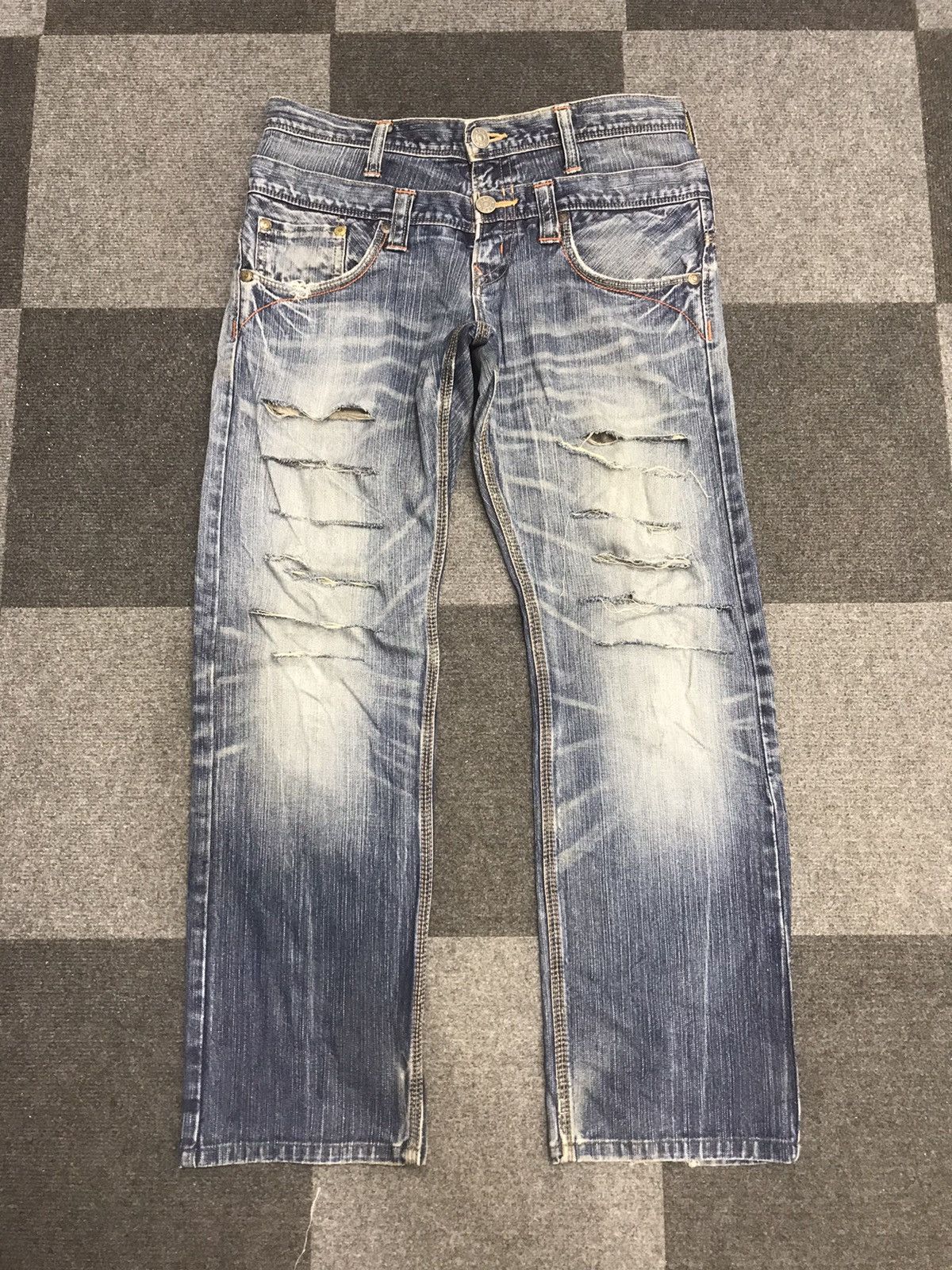 Image of Distressed Denim x Edwin Xv Double Waist Heavy Distressed Jeans in Denim, Men's (Size 33)