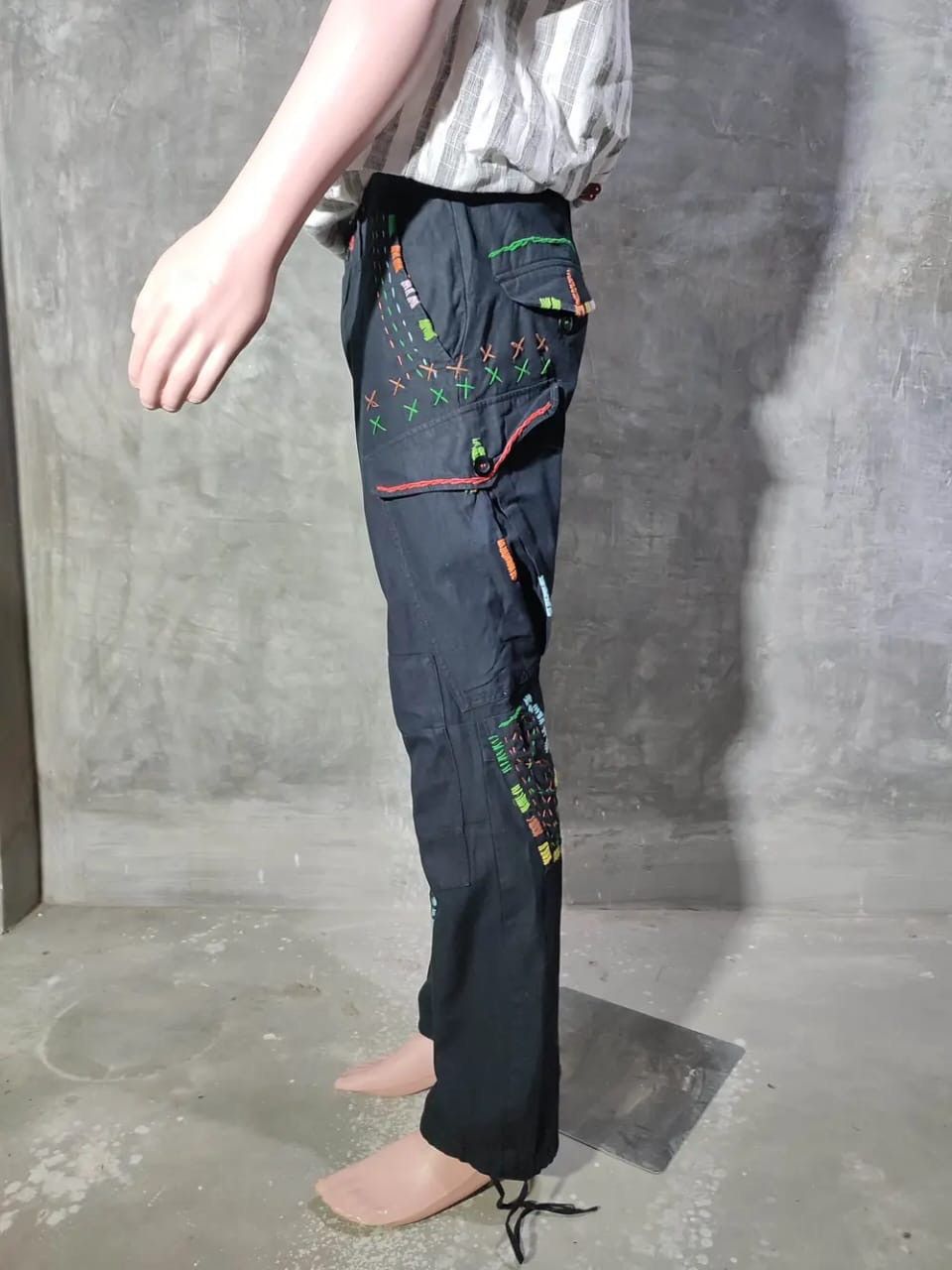 Japanese Brand Audience Black Cargo with Multicolour stitch Design Pants Size US 33 - 9 Thumbnail