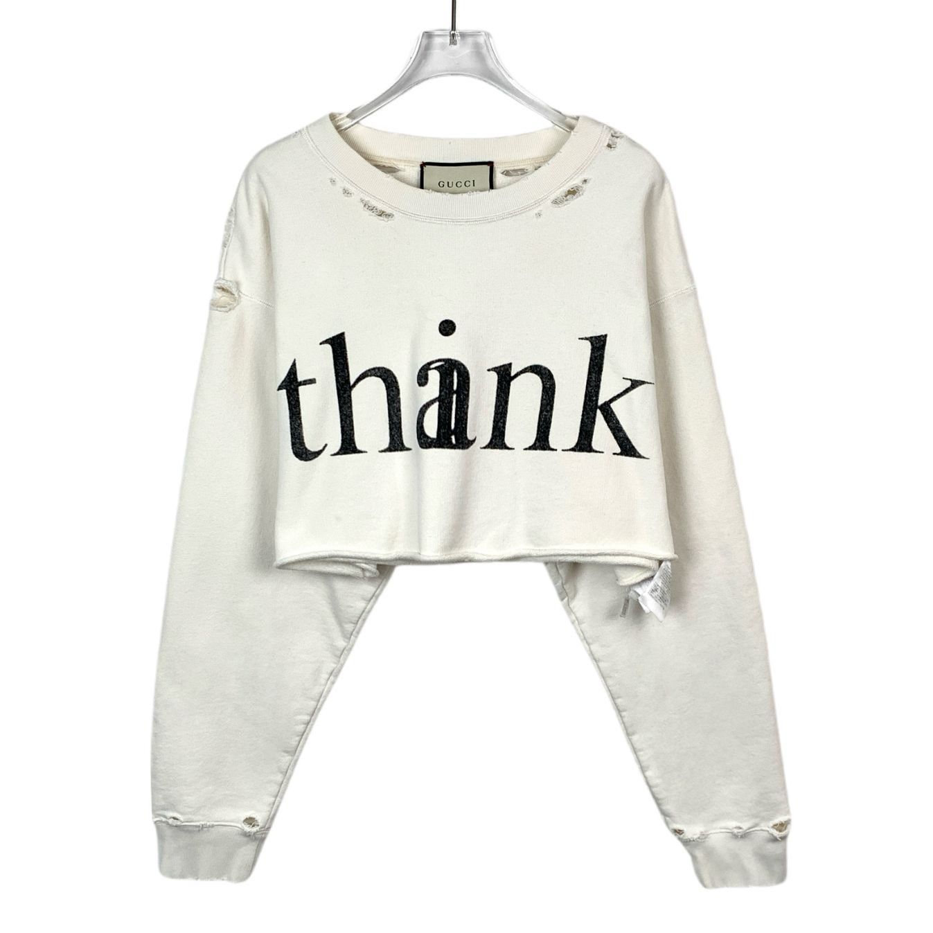 Gucci H9336 Gucci Distressed Cropped Sweatshirt With "Thank" Print Size S / US 4 / IT 40 - 1 Thumbnail