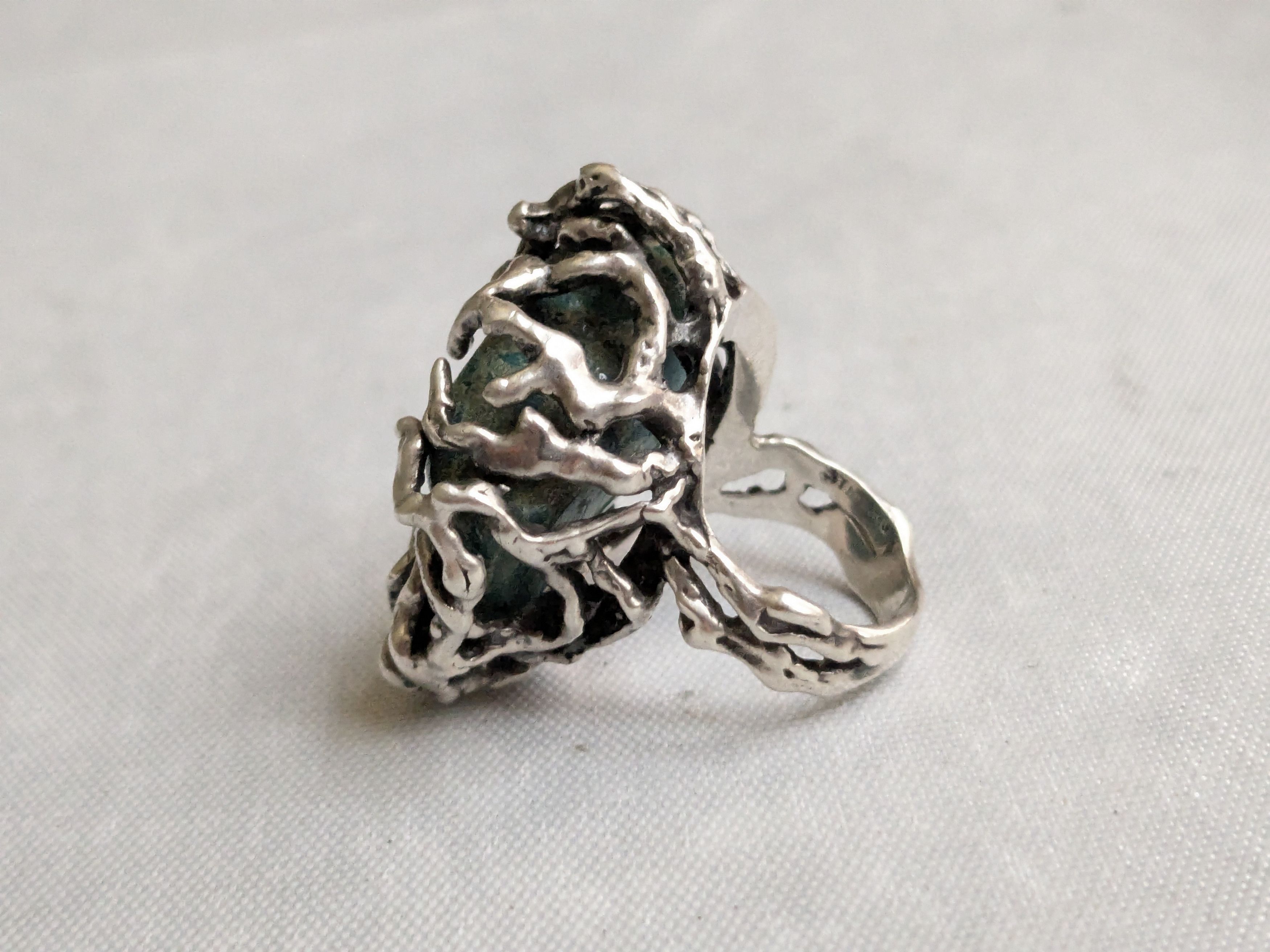 Jewelry Vintage Sterling Silver Ring Chrysocholla Brutalist 5.75 Size ONE SIZE - 2 Thumbnail