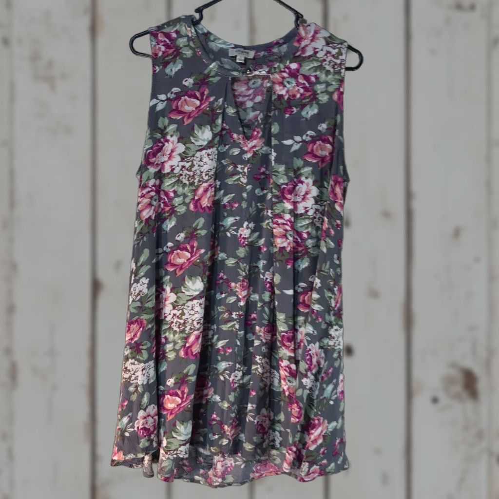 Vintage UMGEE Women's Floral A-Line Dress Sleeveless Keyhole Neck Casual Summer L Gray Multi Size L / US 10 / IT 46 - 1 Thumbnail