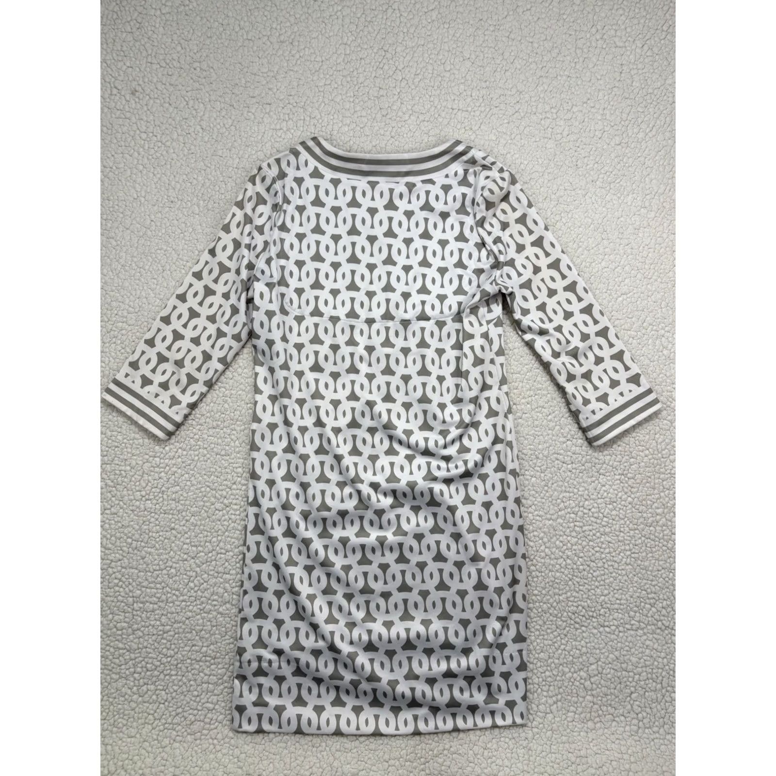 Vintage Gretchen Scott Geometric Knit Jersey Dress Split Neck 3/4 Sleeve XS Grey White Knee Length Size XS / US 0-2 / IT 36-38 - 5 Thumbnail