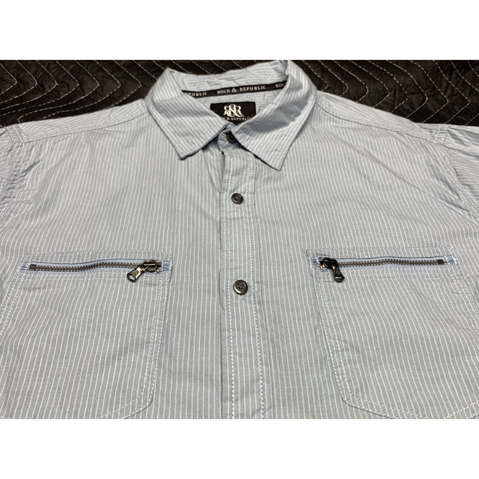 Vintage Rock & Republic Blue Striped Short Sleeve Button-Up Shirt Adult Large L Cotton Pockets Casual Mens Size US L / EU 52-54 / 3 - 5 Thumbnail