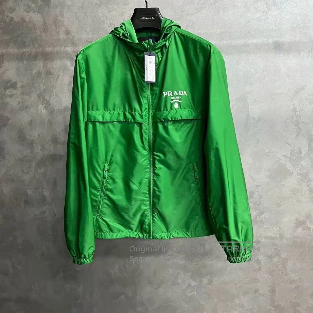 prada green logo print hooded jacket.