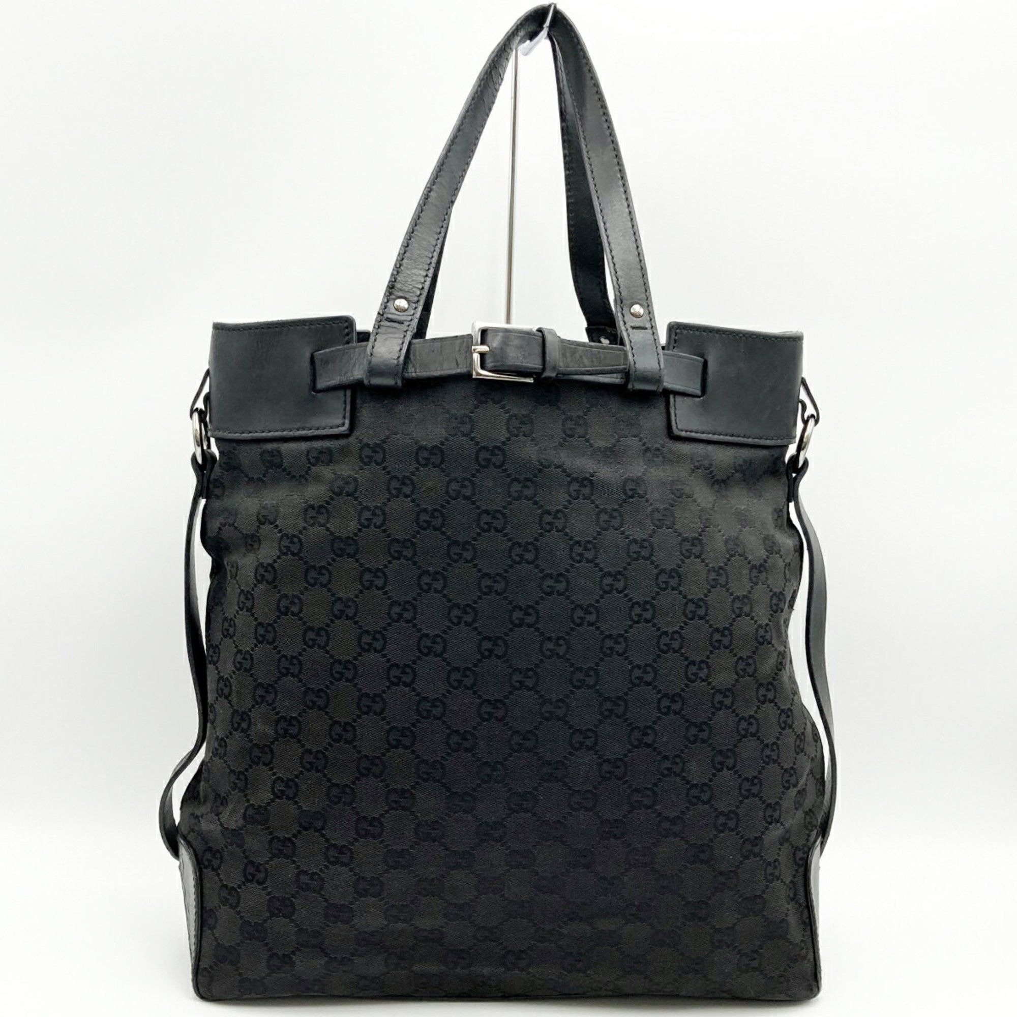 Gucci 107756 Tote Bag Black GG Canvas X Leather Men's Women's