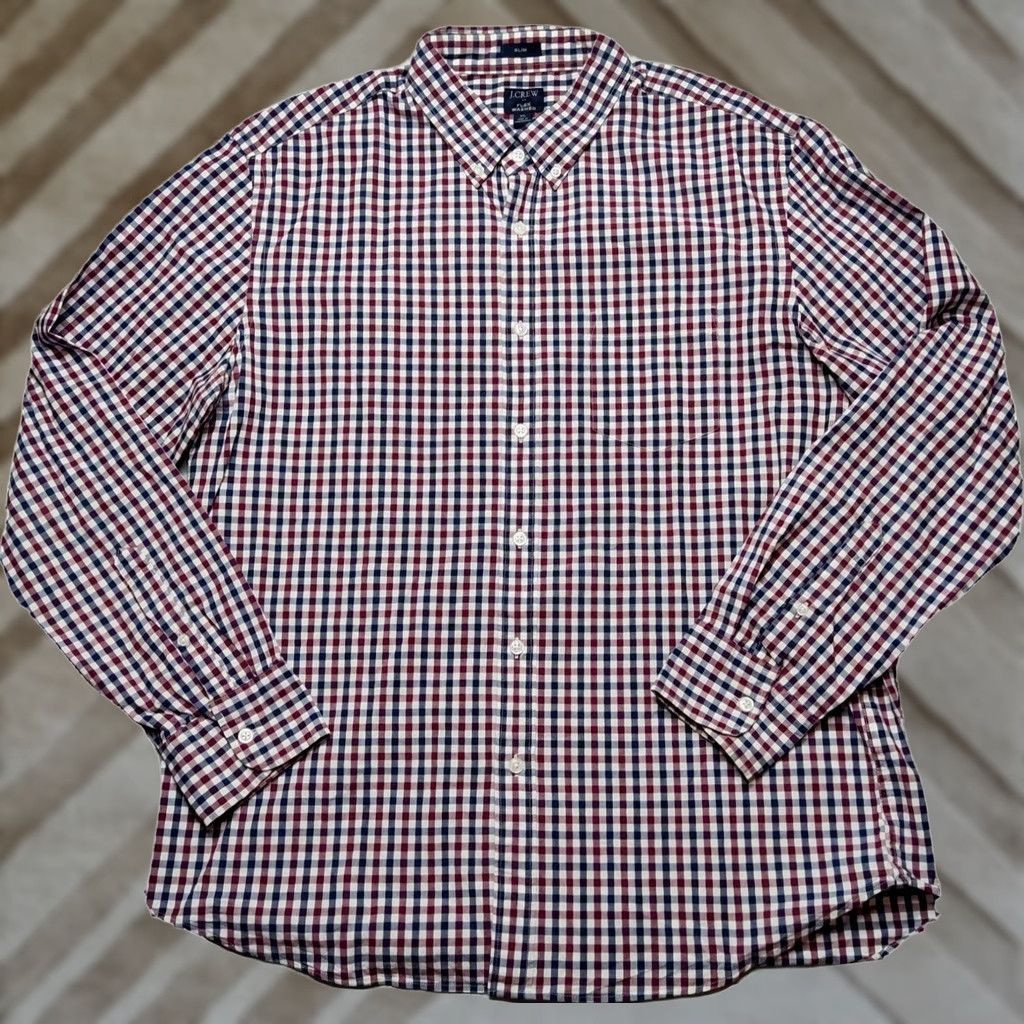 J.Crew J.CREW FLEX WASHED Slim Men XL Burgundy Blue Check L/S Button-Up Shirt Size US XL / EU 56 / 4 - 1 Thumbnail