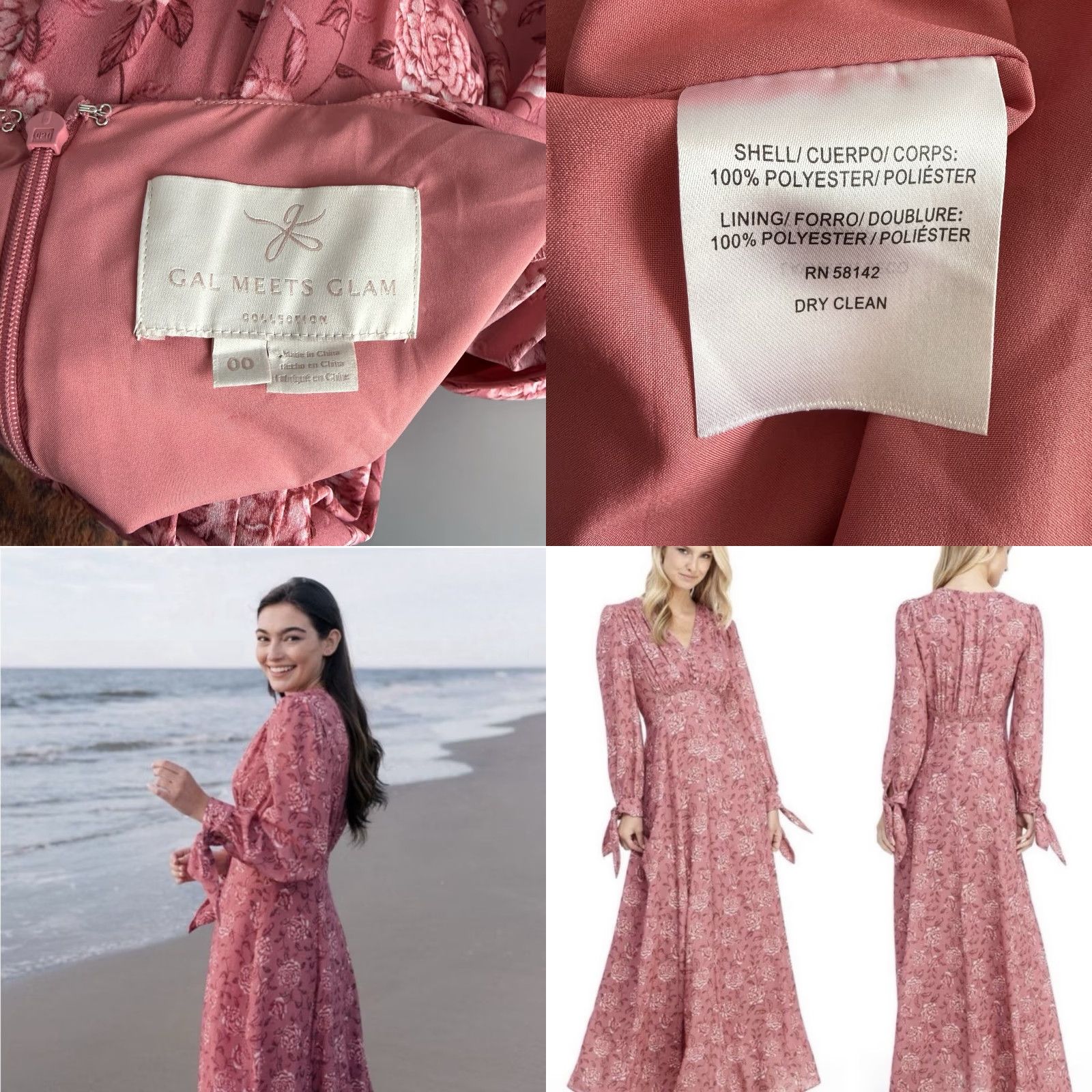 Vintage Gal Meets Glam Maxi Dress Long Sleeve Floral Florence Pink 00 Women V-Neck Zip Polyester Party/Cocktail Spring Summer Size XXS / US 00 / IT 34 - 8 Thumbnail