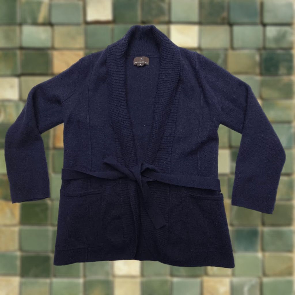Vintage VINTAGE Halogen Fenn Wright Manson Tie Waist Open Cardigan Womens Medium Blue Merino Wool Blend Size ONE SIZE - 1 Thumbnail