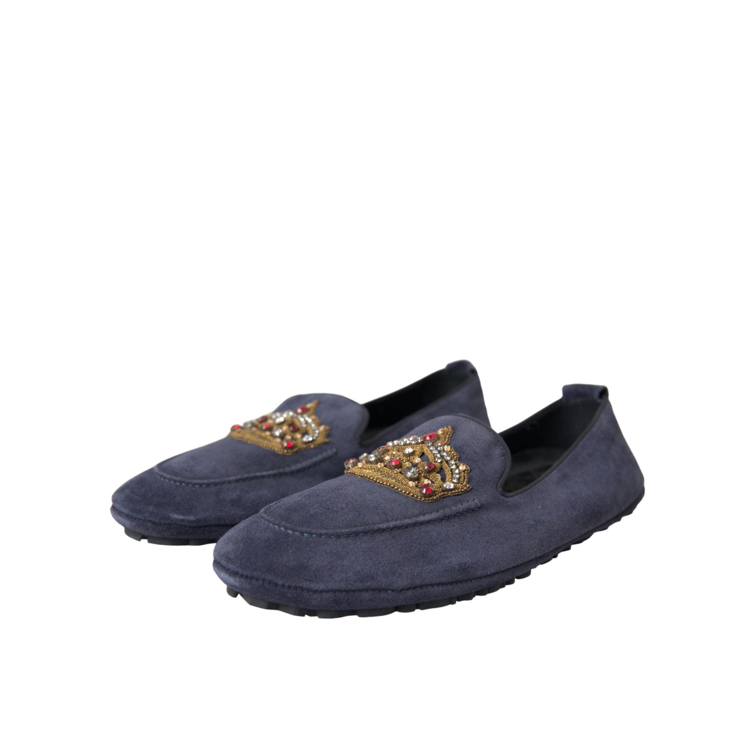 Dolce & Gabbana Blue Leather Suede Crystal Crown Loafers Sho
