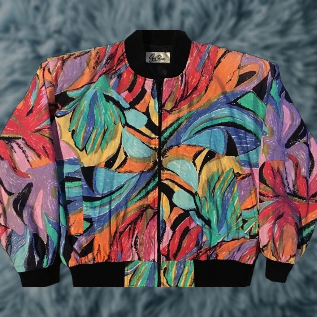 Vtg 80s Abstract Art AOP Jacket M Boxy Flower Vaporwave Surf Picasso Grunge 90s