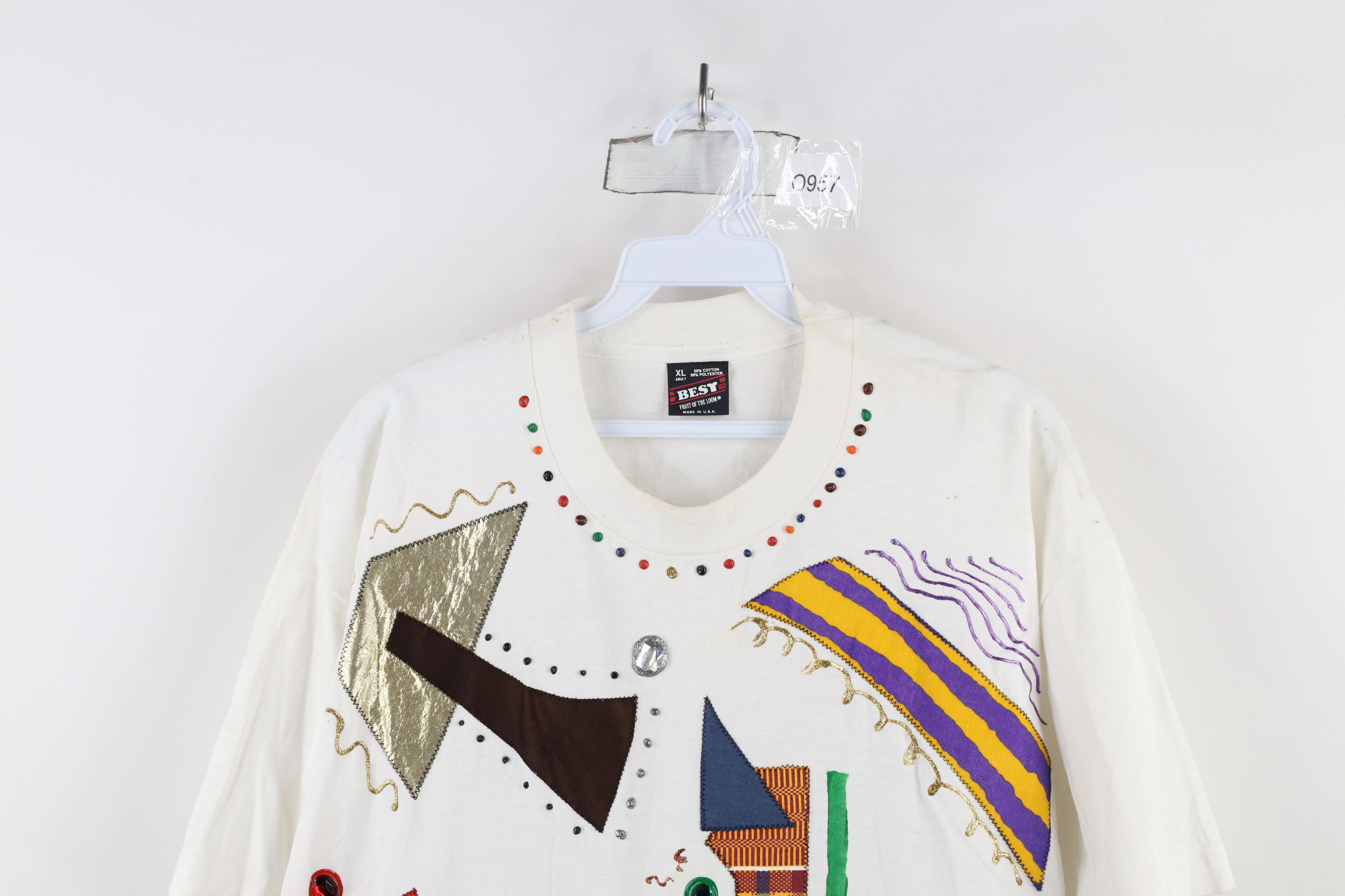 Vintage Vintage 90s Streetwear Abstract Jeweled T-Shirt White USA Size XL / US 12-14 / IT 48-50 - 2 Thumbnail