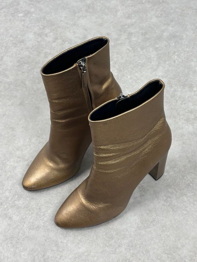 Saint Laurent Paris Saint Laurent Gold Leather Ruched Block Heel Bootie Size US 8 / IT 38 - 4 Thumbnail