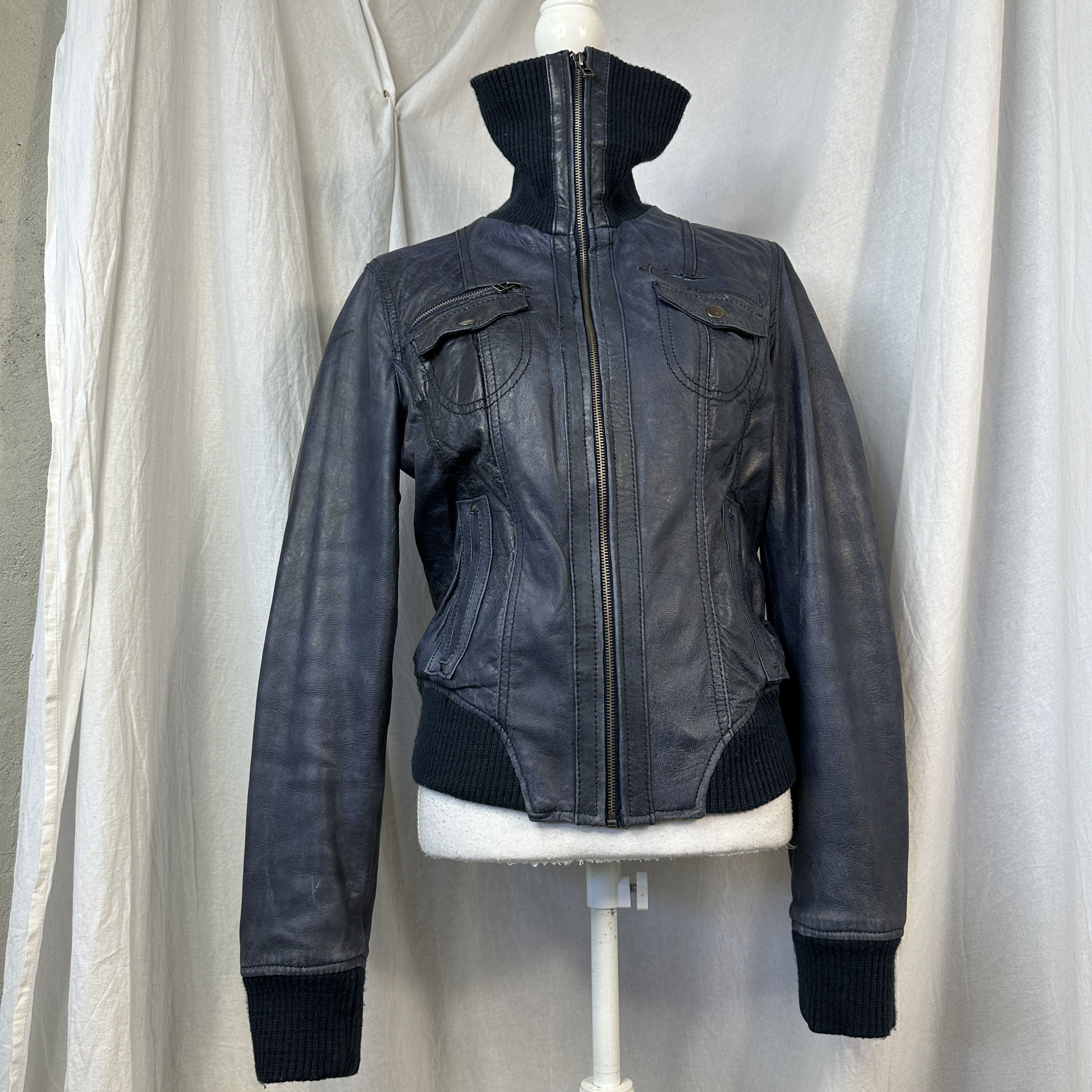 Vintage Vintage Biker Moto Big Collar Faded Navy Blue Leather Jacket Size US M / EU 48-50 / 2 - 7 Thumbnail