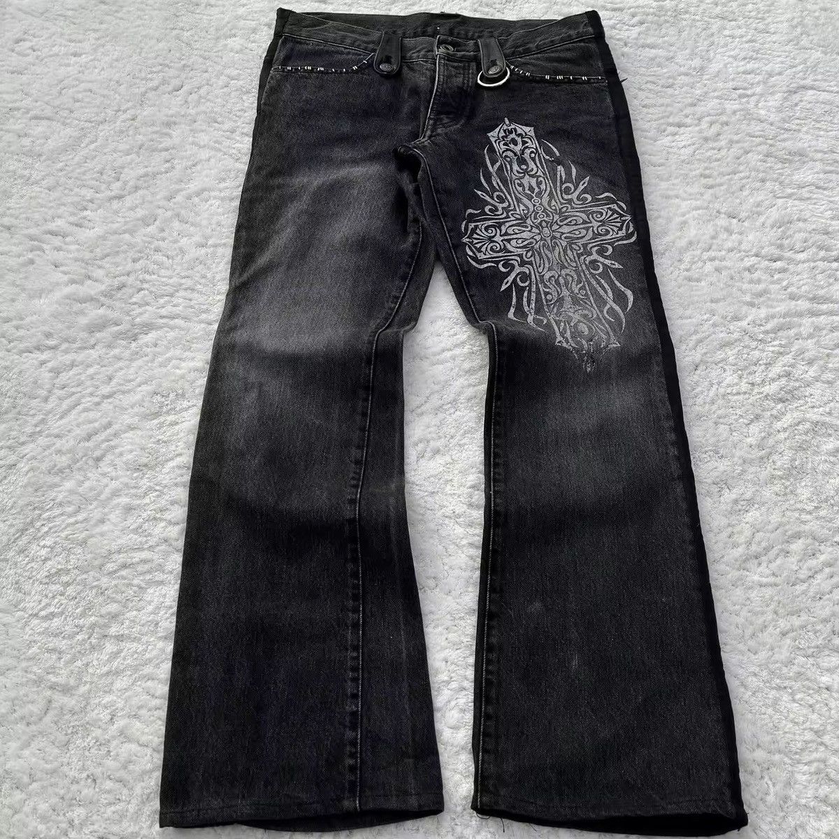 Jean Washed Design Punk Loose Gothic Printed Jeans Size US 35 - 1 Thumbnail