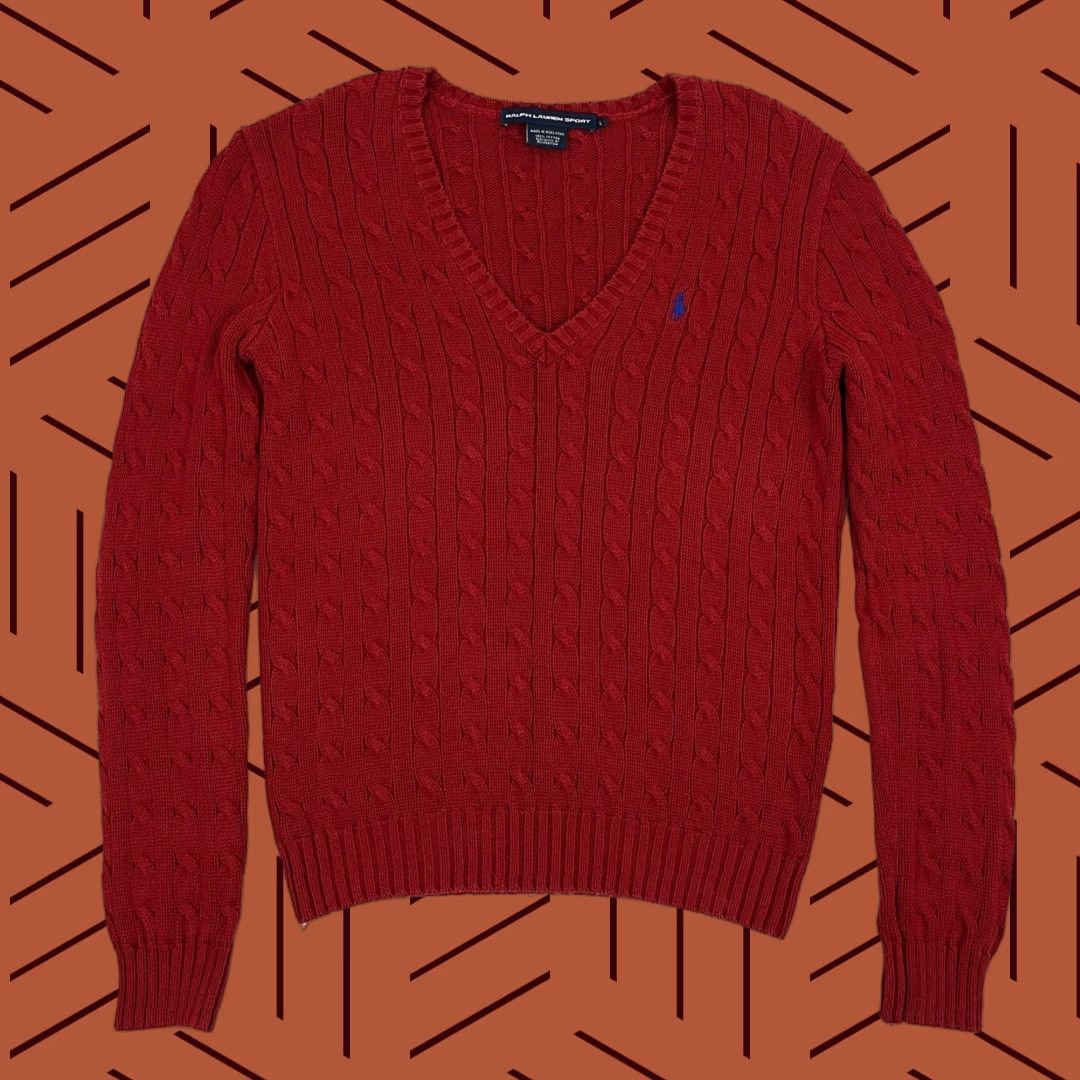Polo Ralph Lauren VTG Ralph Lauren Sport Sweater Womens L Red Cable Knit Jumper Preppy Academia Size L / US 10 / IT 46 - 1 Thumbnail