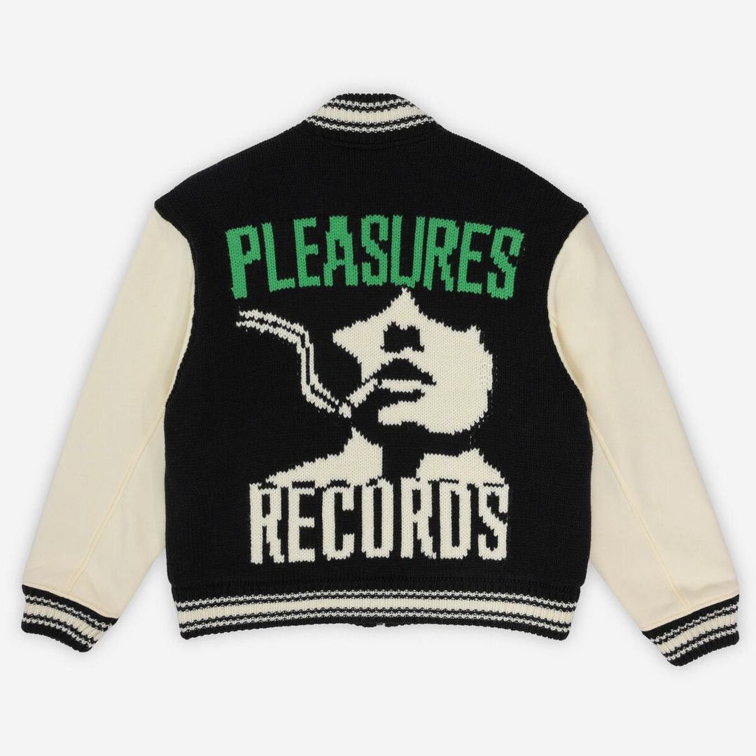 【PLEASURES/プレジャーズ】SMOKE KNITTED VARSITY Pleasures SMOKE KNITTED VARSITY JACKET Black White | BSTN Store