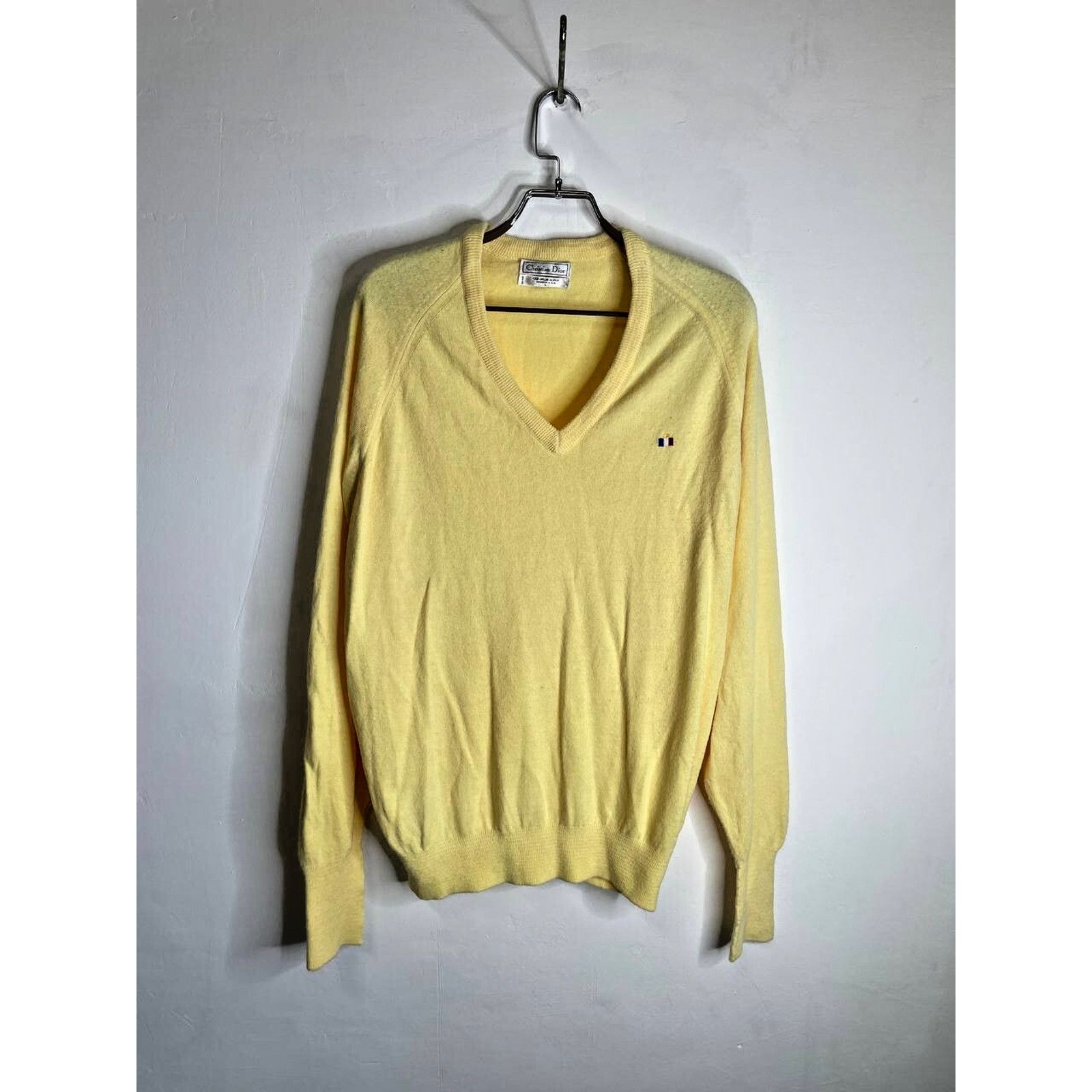 Dior × Vintage Vintage Christian Dior Yellow Sweater L V-Neck Orlon Acrylic Size US L / EU 52-54 / 3 - 1 Thumbnail