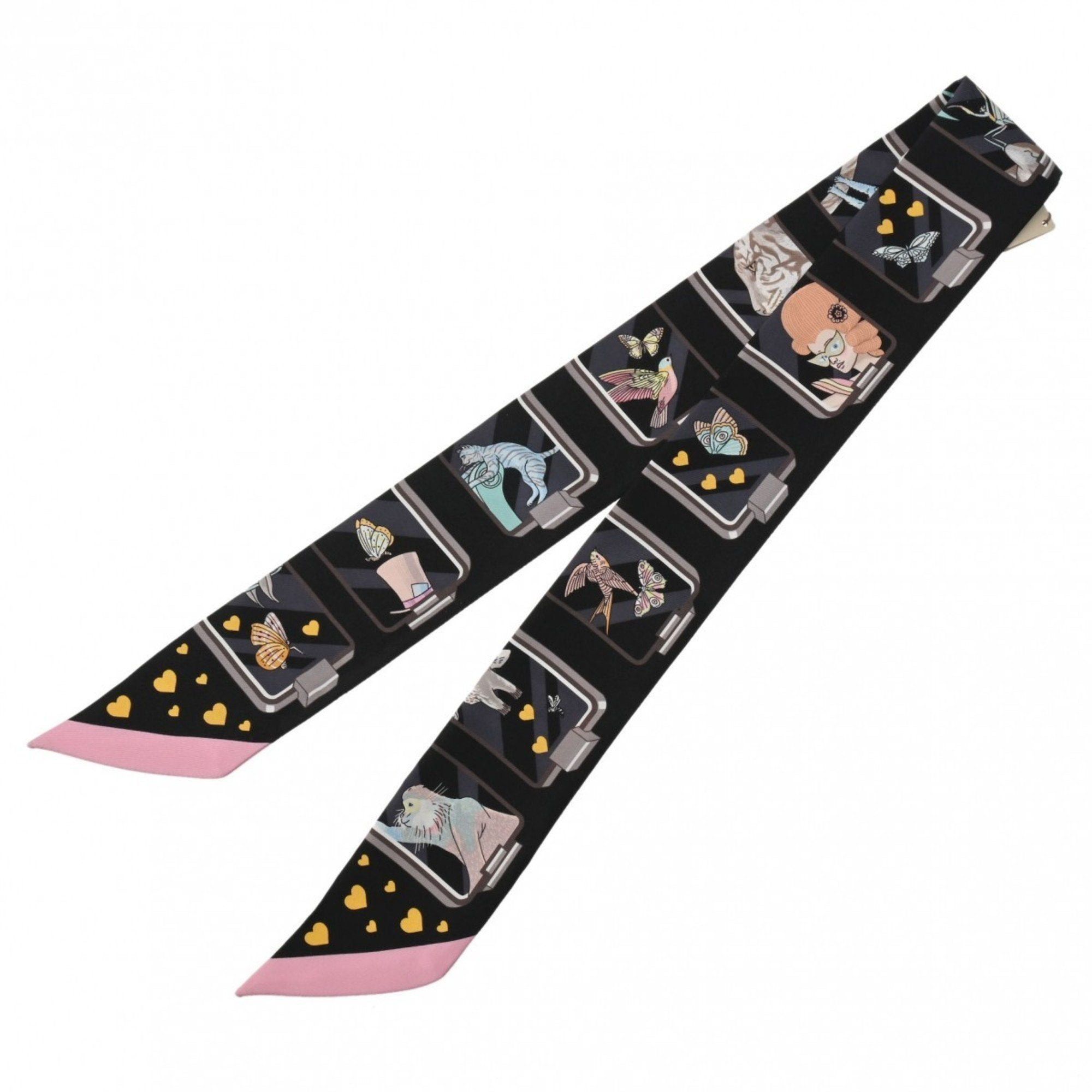 image of Hermes Twilly Story Black/rose 063875S Women's 100% Silk Scarf Muffler