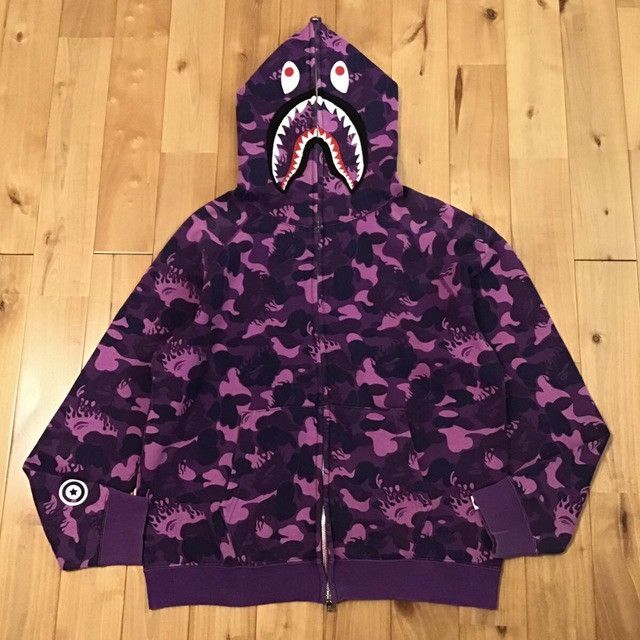 BAPE Fire camo shark full zip hoodie purple camo APE NIGO
