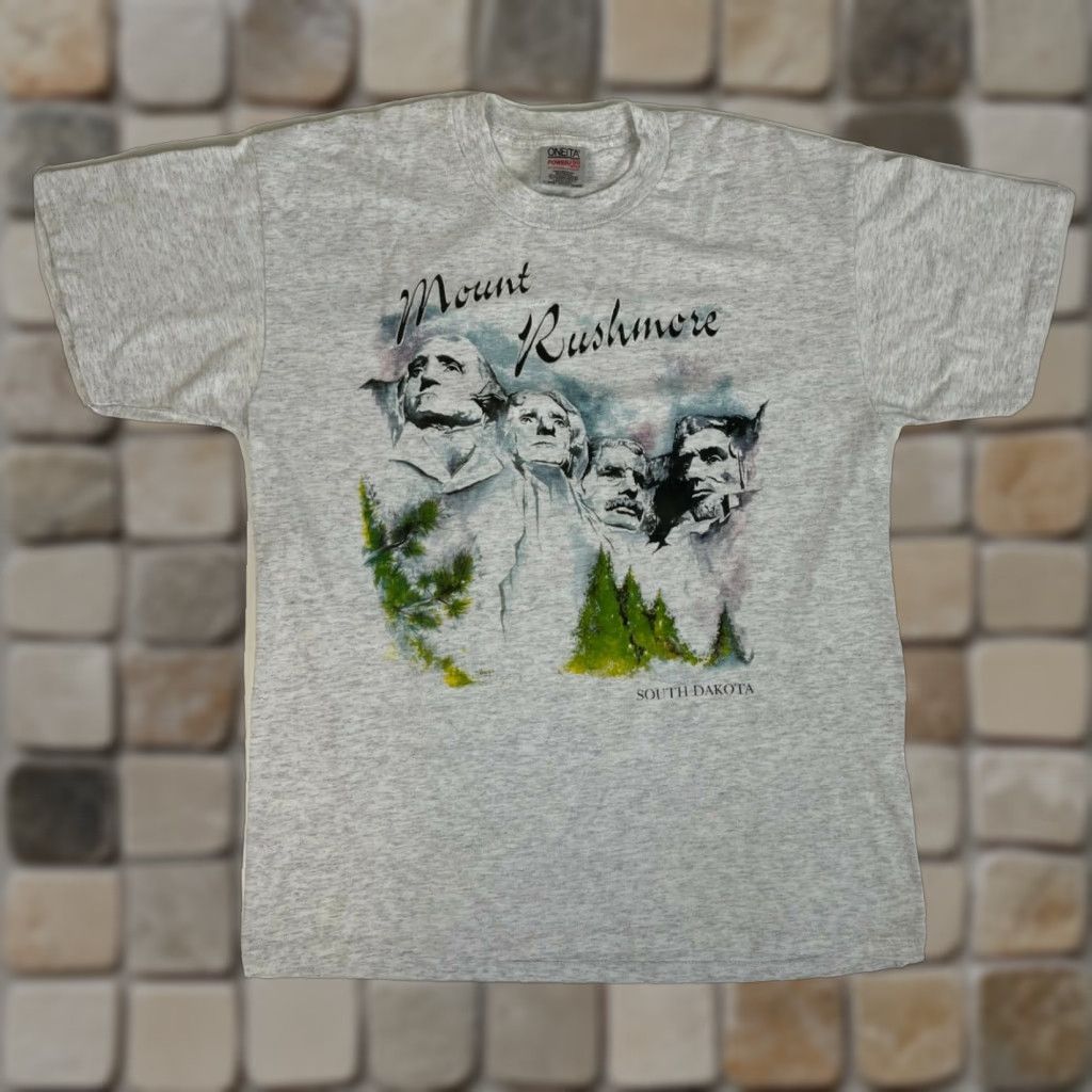 Vintage VINTAGE Mount Rushmore T-Shirt Unisex Adults XL Gray 90s Oneita Single Stitch Crew Neck Short Sleeve Cotton Polyester Blend Vintage Size US XL / EU 56 / 4 - 1 Thumbnail