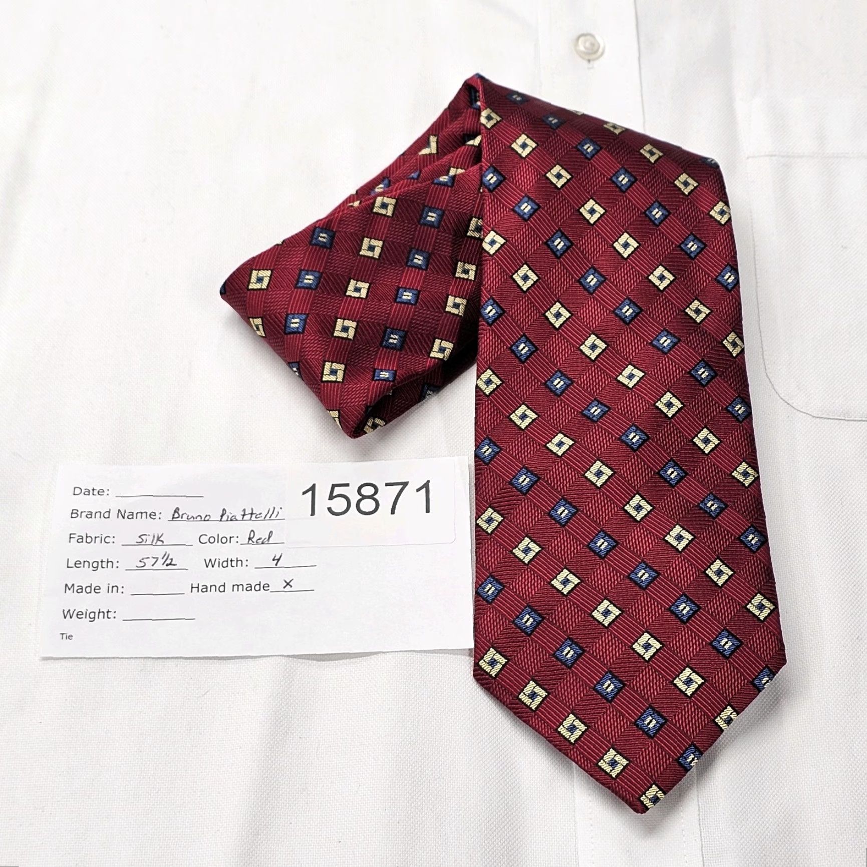 Asket VINTAGE Bruno Piattelli Silk Necktie Red Basket Weave Squares Hand Made Classic Mens Tie 57.5" X 4" Silk Necktie White? Wait. Size ONE SIZE - 6 Thumbnail