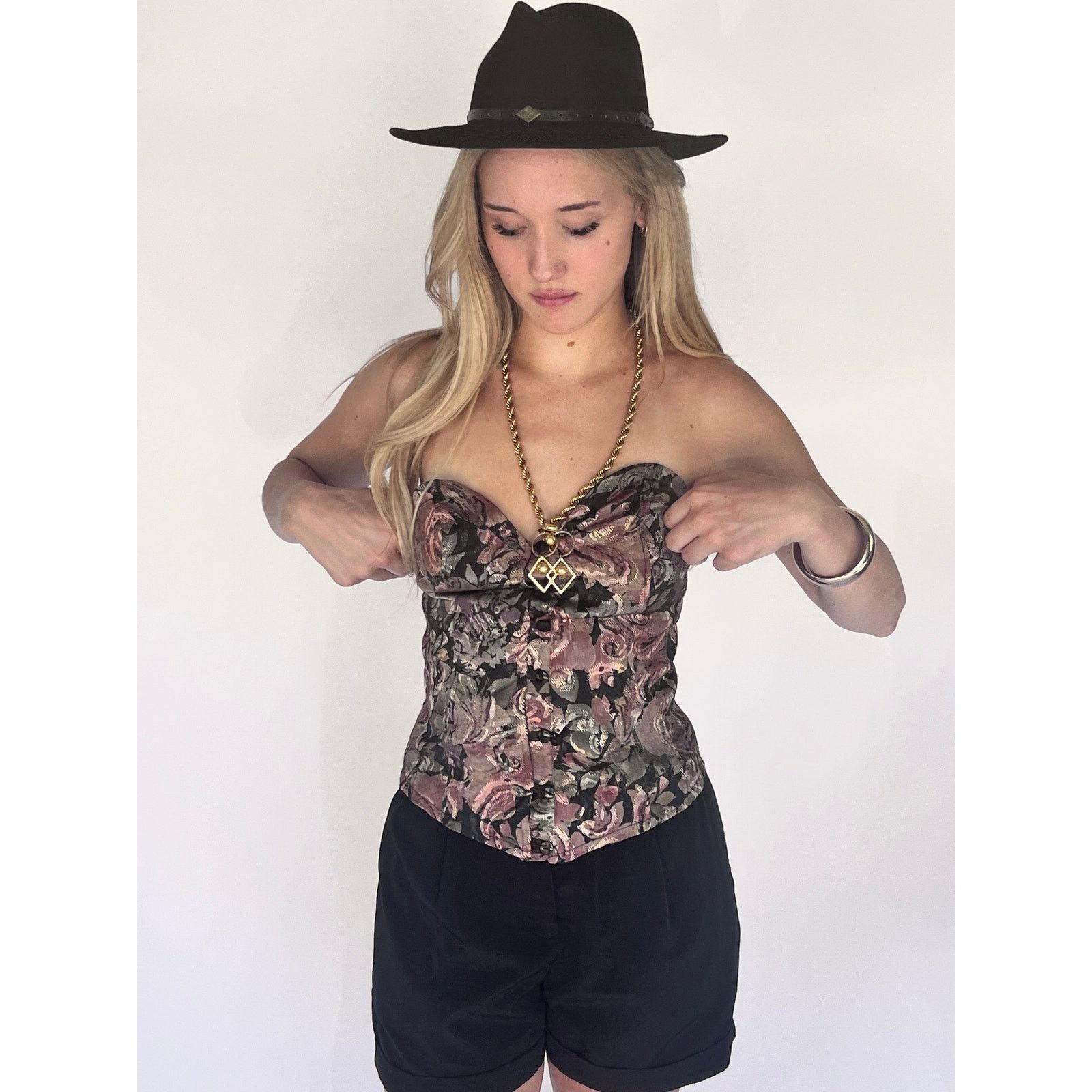 Vintage VTG 80s Tapestry Strapless Corset Top Floral Brocade Bustier Size M / US 6-8 / IT 42-44 - 2 Thumbnail