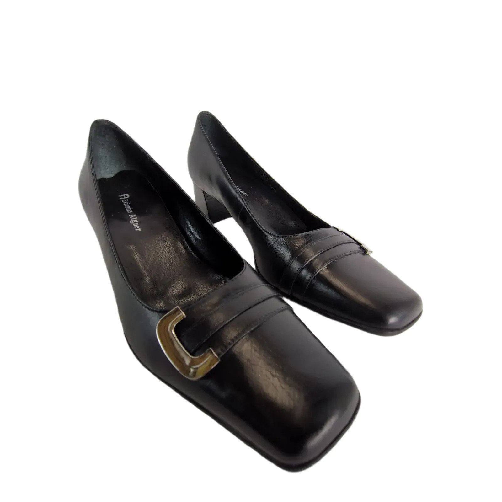 Etienne Aigner Etienne Aigner Sz 8 E-Mozart Square Toe Black Leather Pumps Size US 8 / IT 38 - 10 Thumbnail