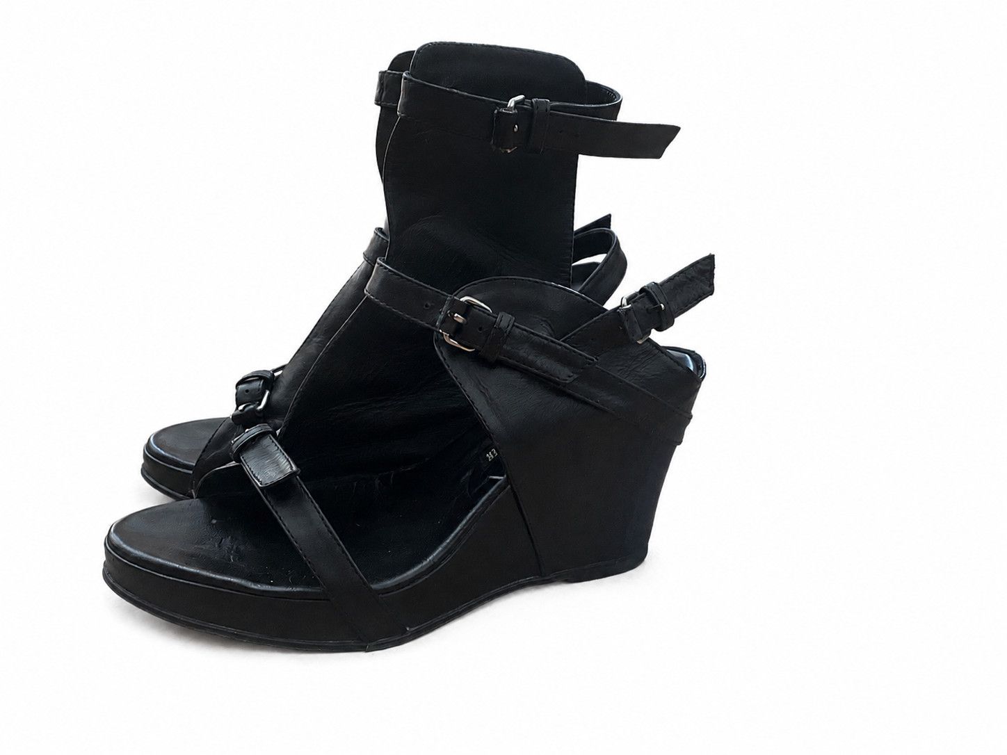 Ann Demeulemeester Ann Demeulemeester Black Leather Strappy Wedge Sandals Size US 8 / IT 38 - 2 Thumbnail