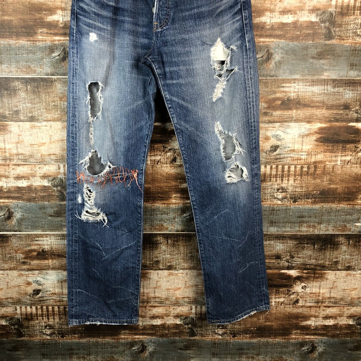 Levi's DL Levis 501 Blue ripped Distressed Denim Pants #C144 Size US 32 / EU 48 - 3 Thumbnail