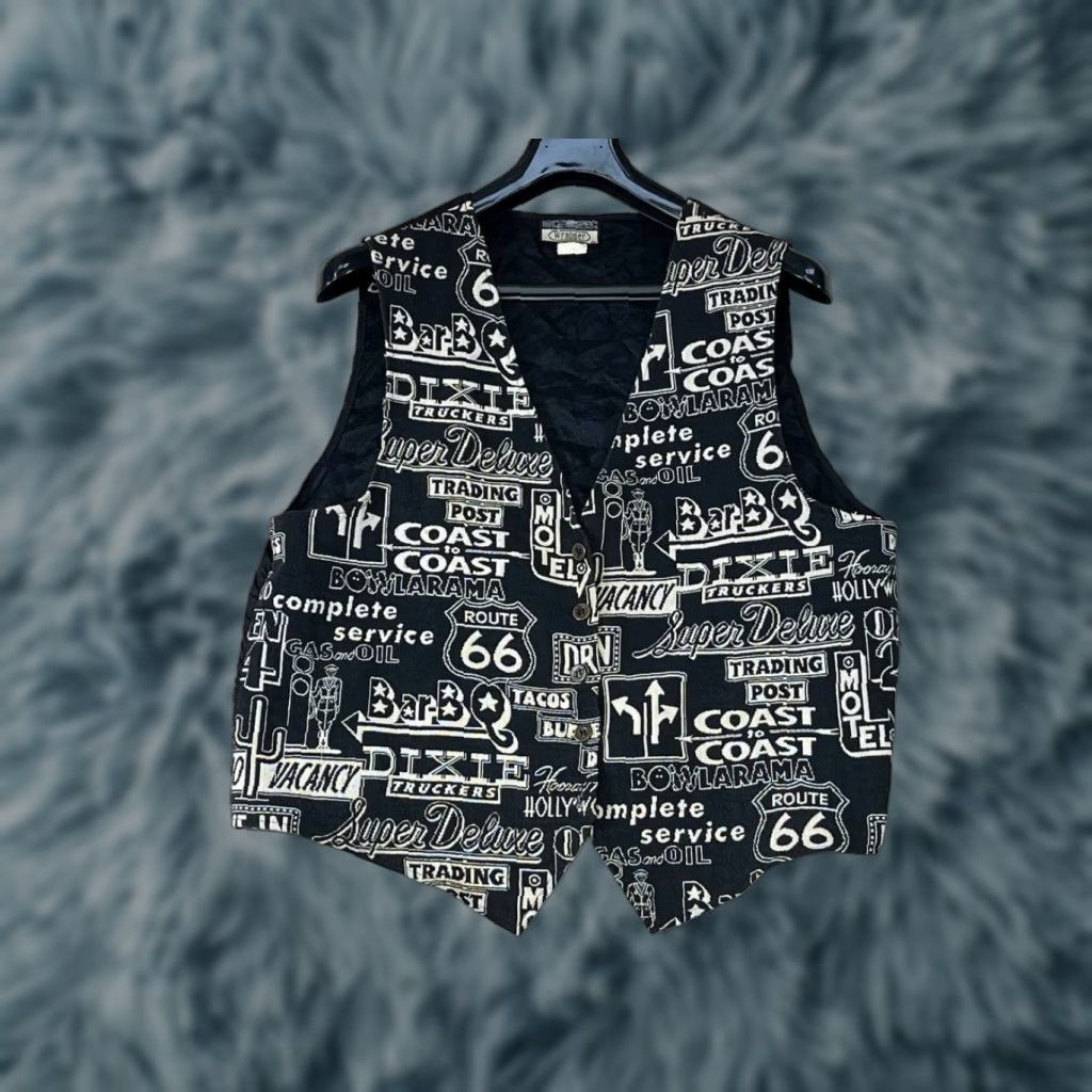 Vintage Vtg Wrapper Vest Route 66 Black Tan 2XL USA Men Vest Button Missing Pic Made In USA Size US XXL / EU 58 / 5 - 1 Thumbnail