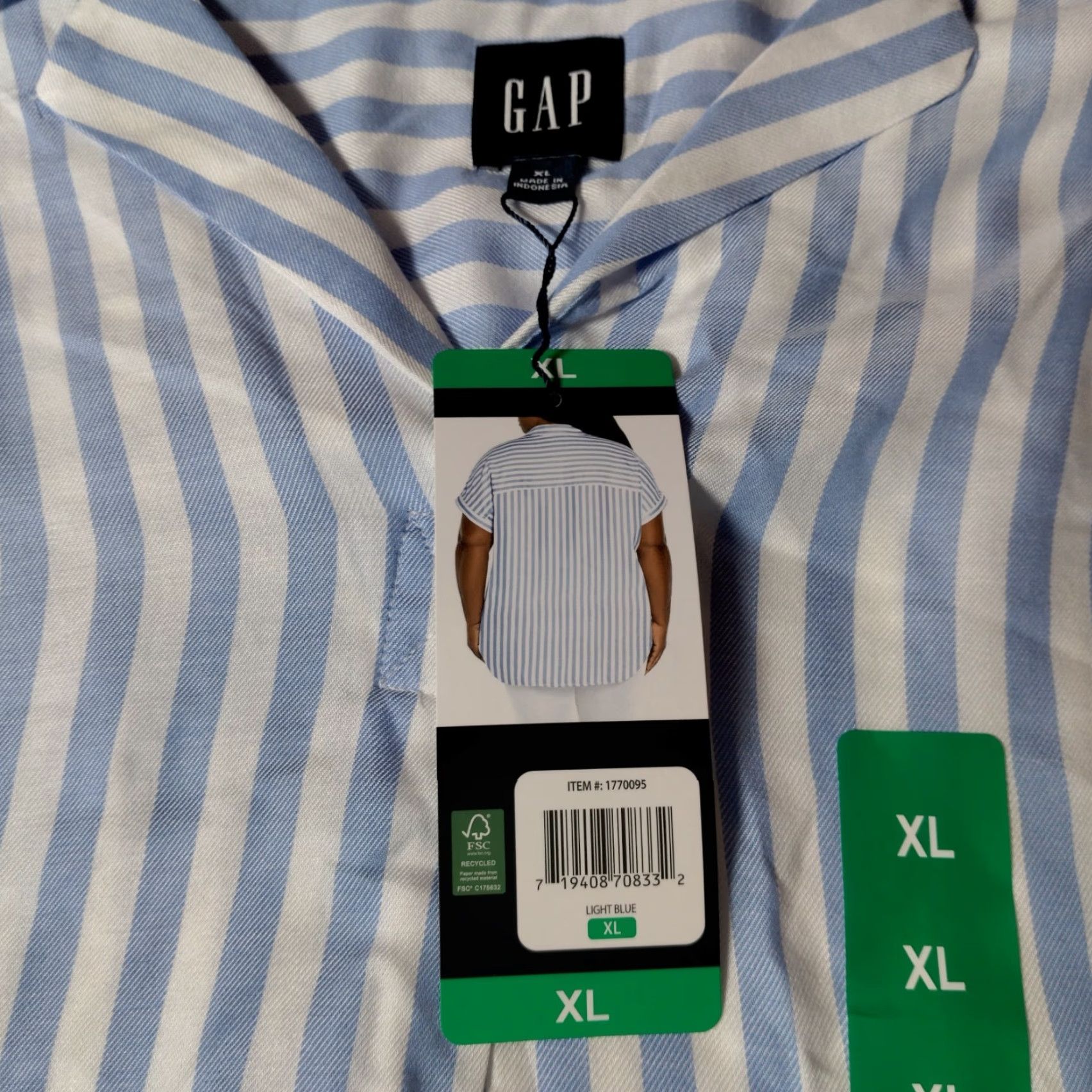 Gap VINTAGE Gap Women's Blouse Shirt XL Short Sleeve Lightweight Blue White Stripe V-Neck Casual Beach Coastal Size XL / US 12-14 / IT 48-50 - 7 Thumbnail