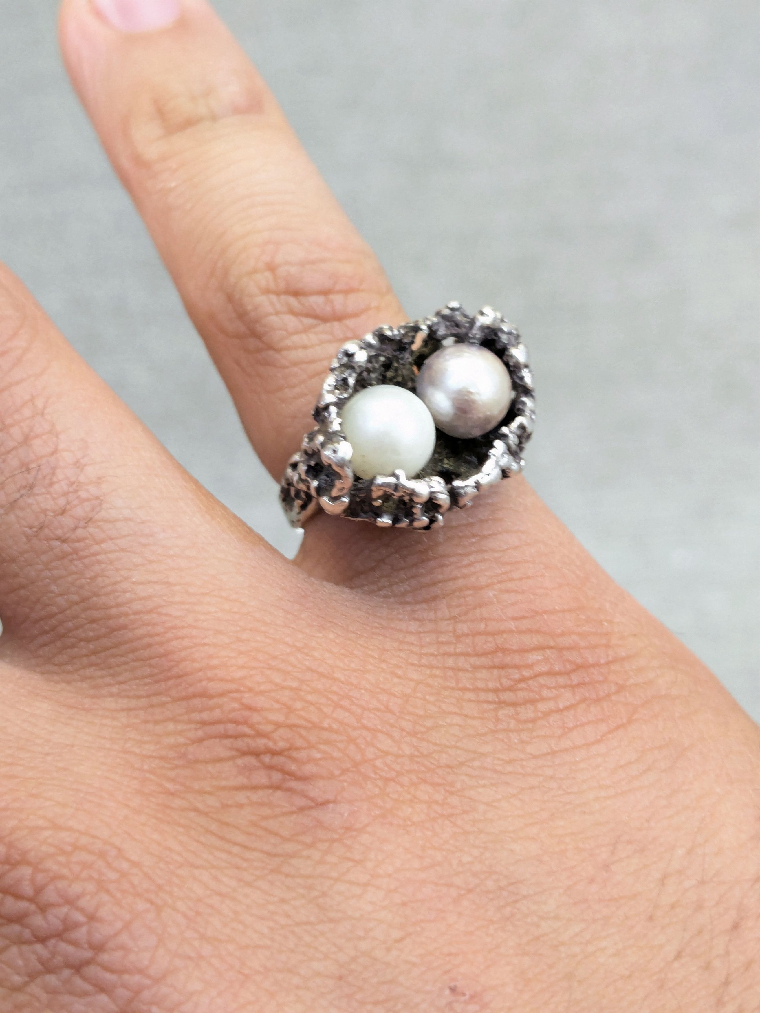 Other Vintage Sterling Silver Ring Pearl Brutalist Modern Abstract Size ONE SIZE - 11 Thumbnail