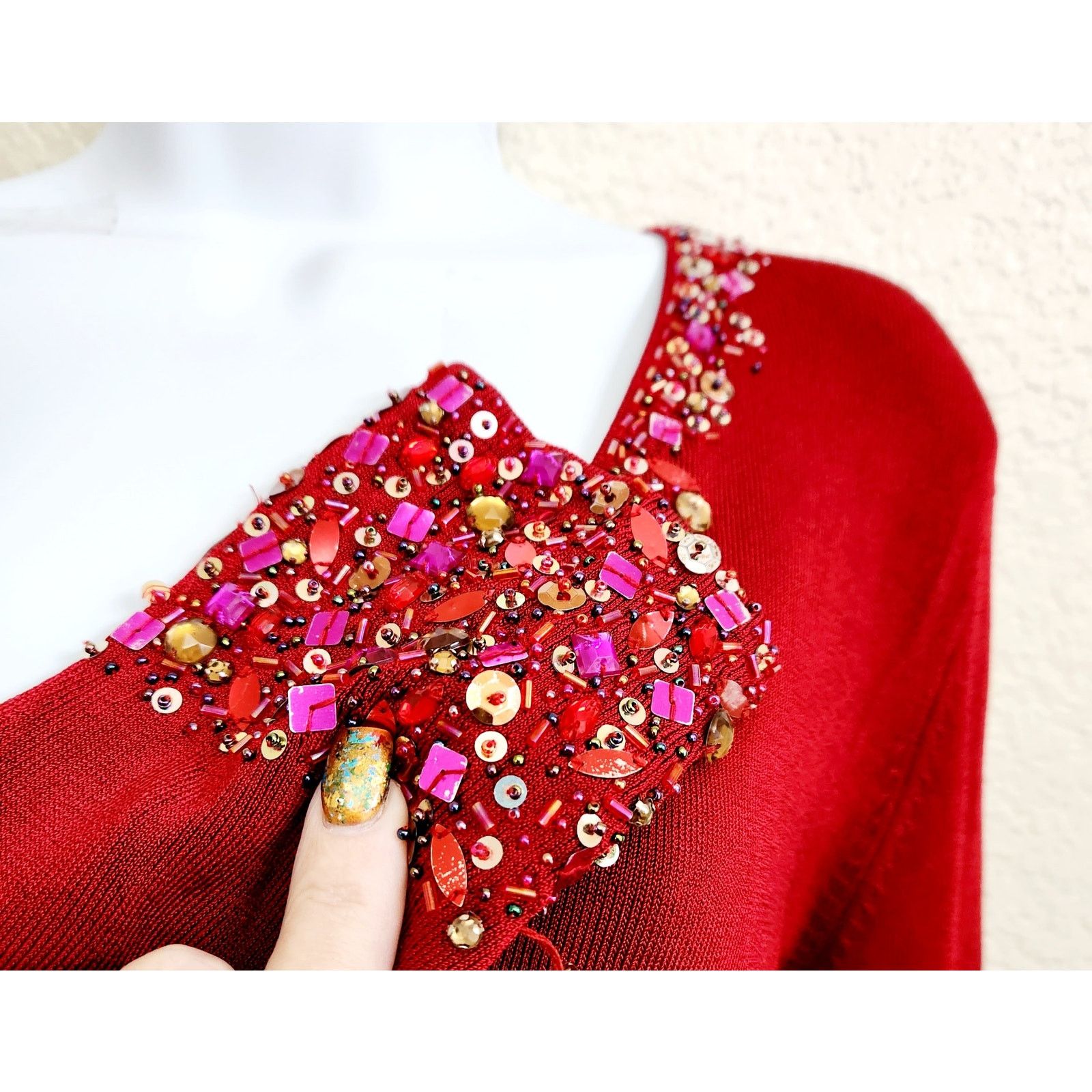 Bloomingdale's VTG Bloomingdale's Red Beaded V Neck Sleeves Cardigan Small Size S / US 4 / IT 40 - 4 Thumbnail