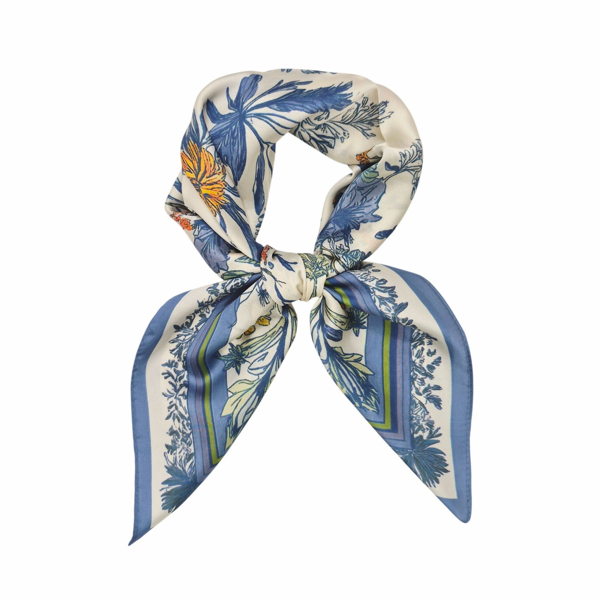 Other ✨Luxury Elegant Blue Floral Silky Square Scarf Beige Blue Ne Size ONE SIZE - 2 Thumbnail