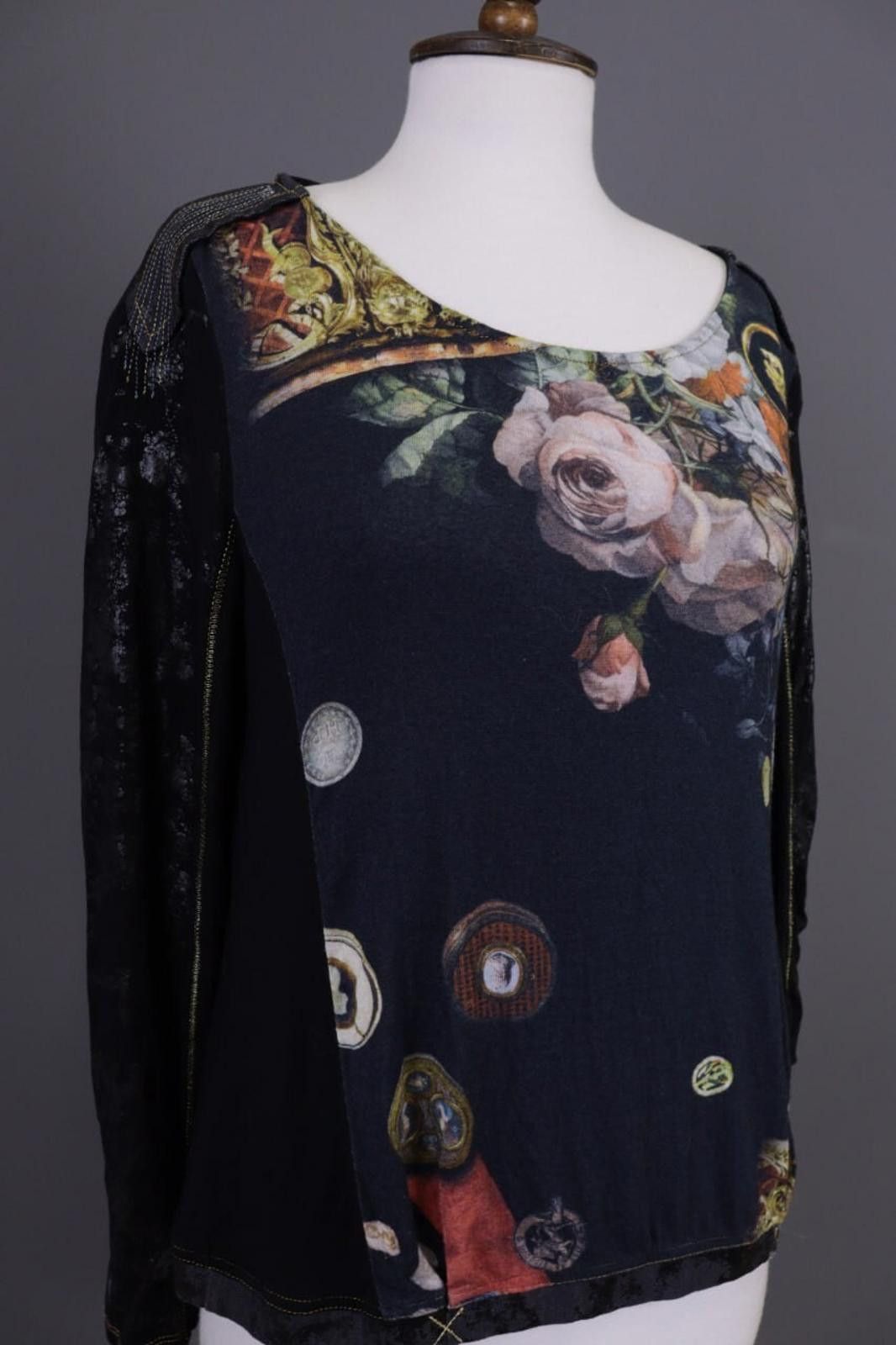 Designer Elisa Cavaletti Black Floral Relaxed Blouse Shirt Size L Size L / US 10 / IT 46 - 5 Thumbnail