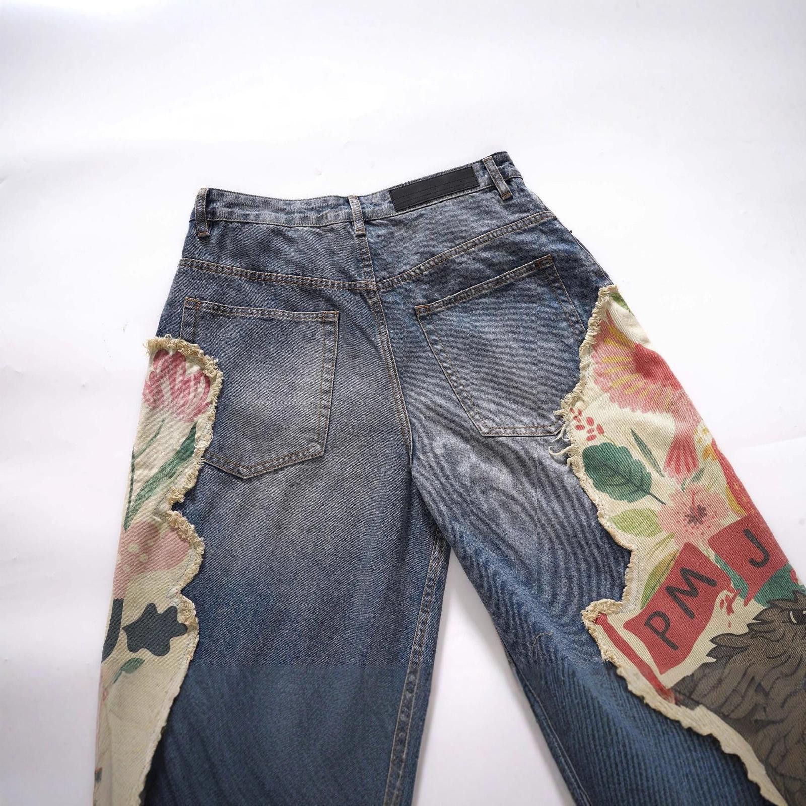 Japanese Brand Blue Wide Leg Denim Jeans with Floral Patchwork Size 32" / US 10 / IT 46 - 4 Thumbnail