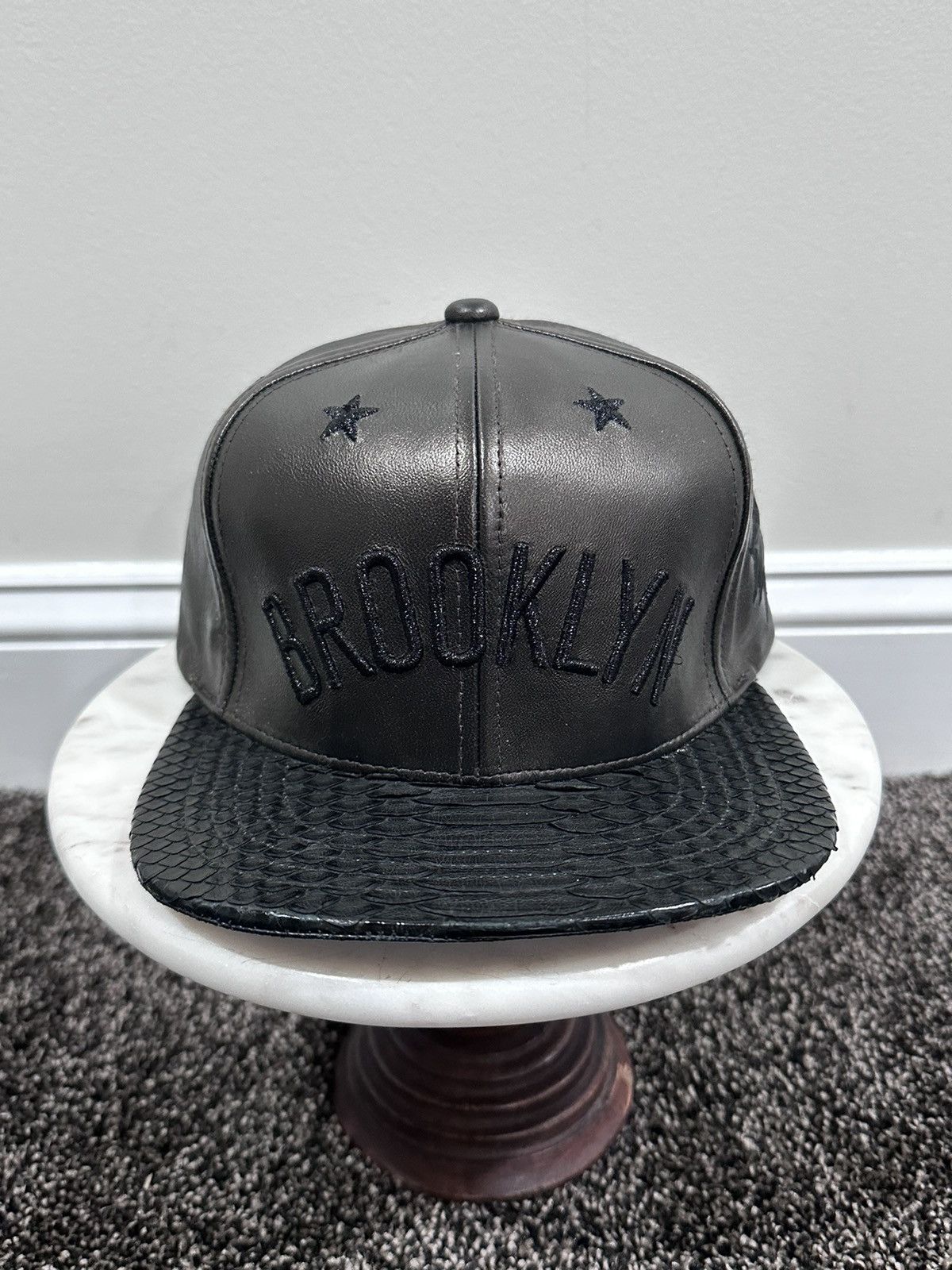Just Don Just Don Mitchell & Ness NBA Brookyln Nets Black Leather Hat Size ONE SIZE - 12 Thumbnail