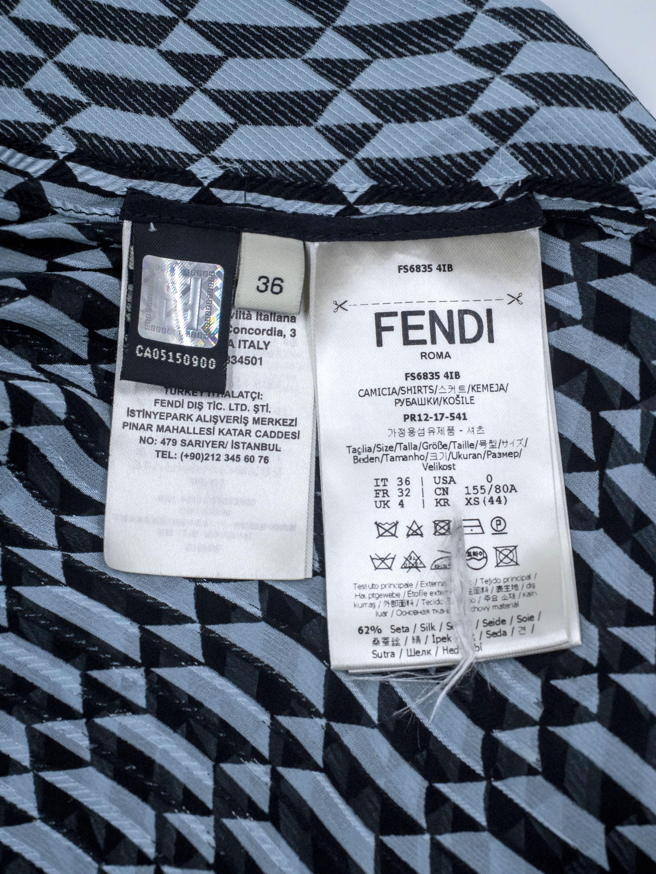 Fendi Fendi Black Grey Geometric Printed Silk Shirt with Neck Wrap Size XS / US 0-2 / IT 36-38 - 6 Thumbnail