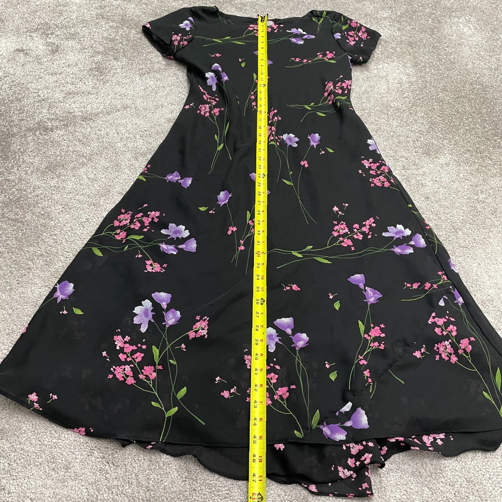 Vintage Premier Midi Maxi A-Line Dress Womens M Black Floral Short Sleeve Chiffon Size 32" / US 10 / IT 46 - 6 Thumbnail