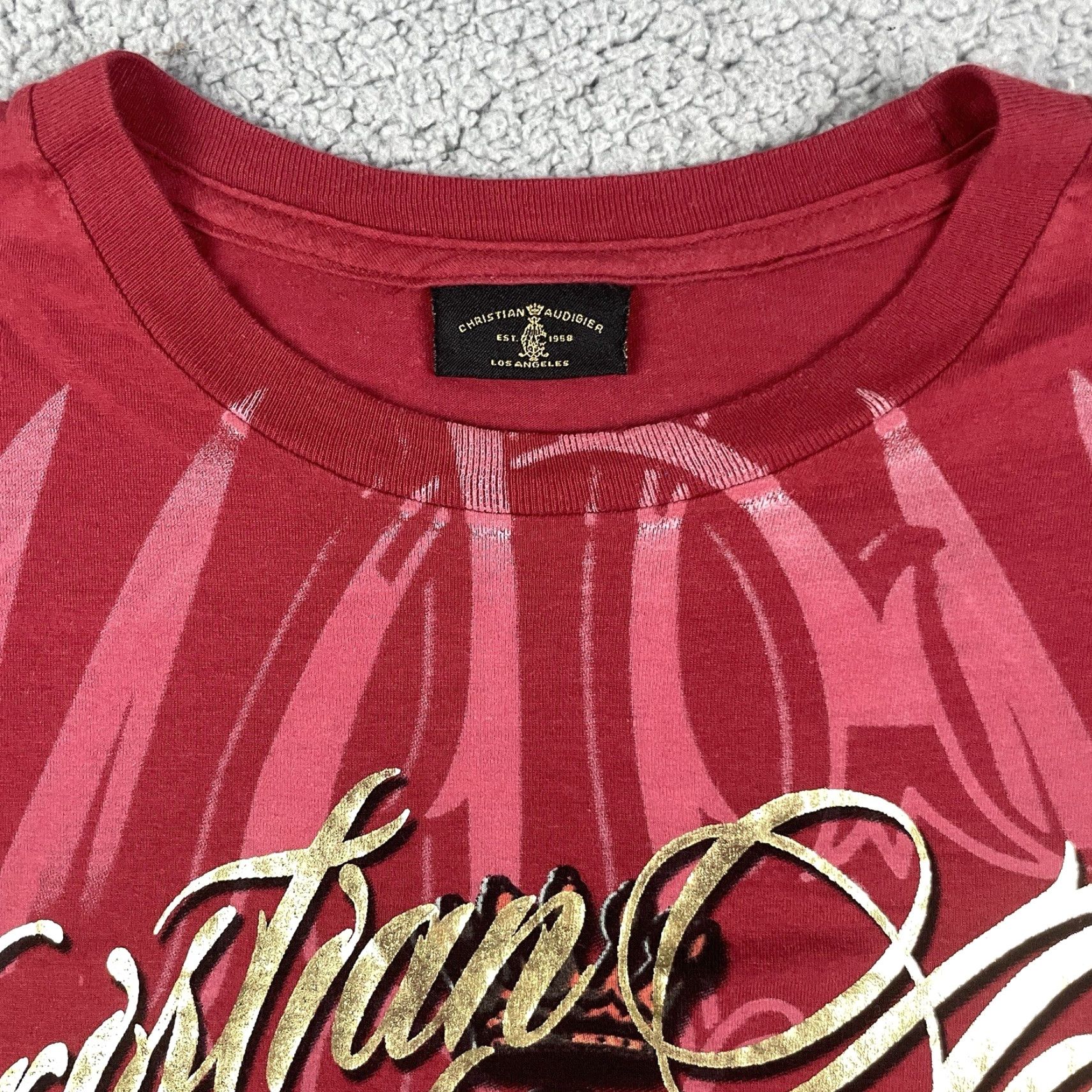 Vintage Christian Audigier T shirt Men’s L Red Short Sleeve AOP Gold Eagle Rose Rare* Size US L / EU 52-54 / 3 - 3 Thumbnail