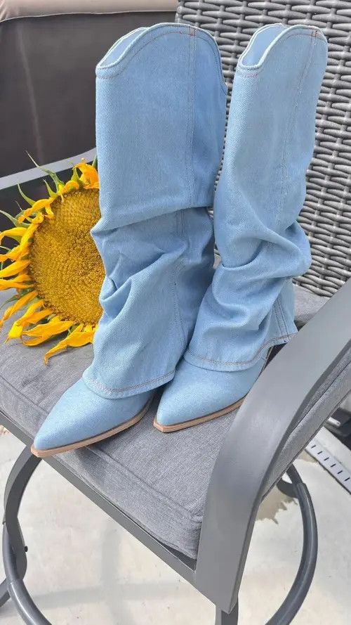 Blue Denim Thigh High Boots