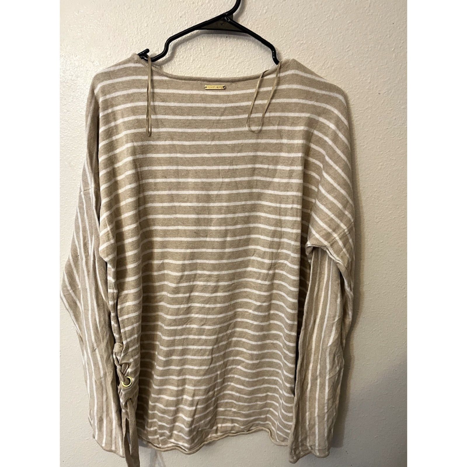 Michael Kors Michael Kors Women's Large Tan White Striped Pullover Sweater with Side Ties, Casual Knit, 3/4 Sleeve, Relaxed Fit, Classic Marine Theme Size L / US 10 / IT 46 - 3 Thumbnail