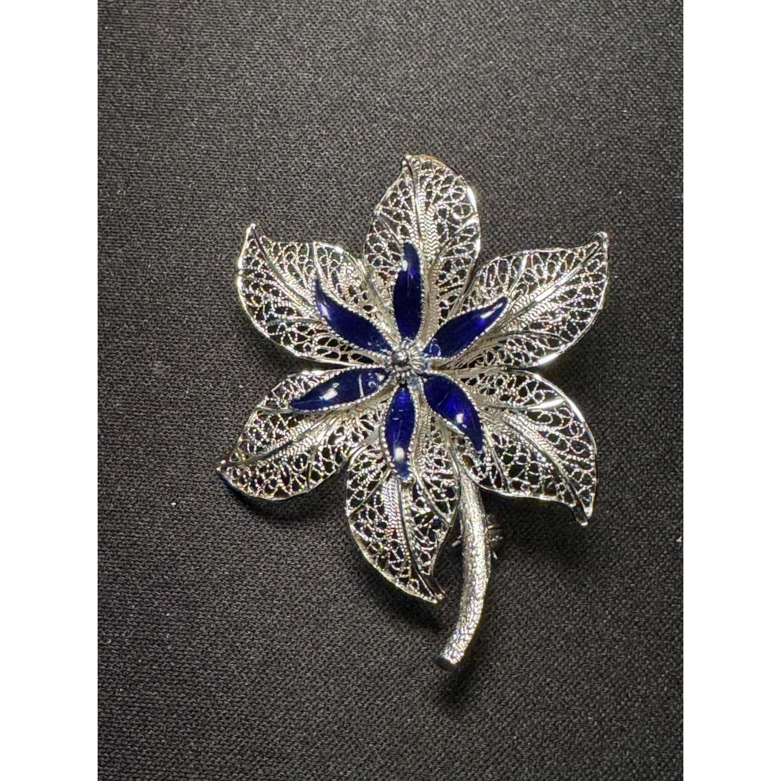 Other Sterling Van Lou Filigree Flower Brooch Blue Enamel Accents Size ONE SIZE - 2 Thumbnail