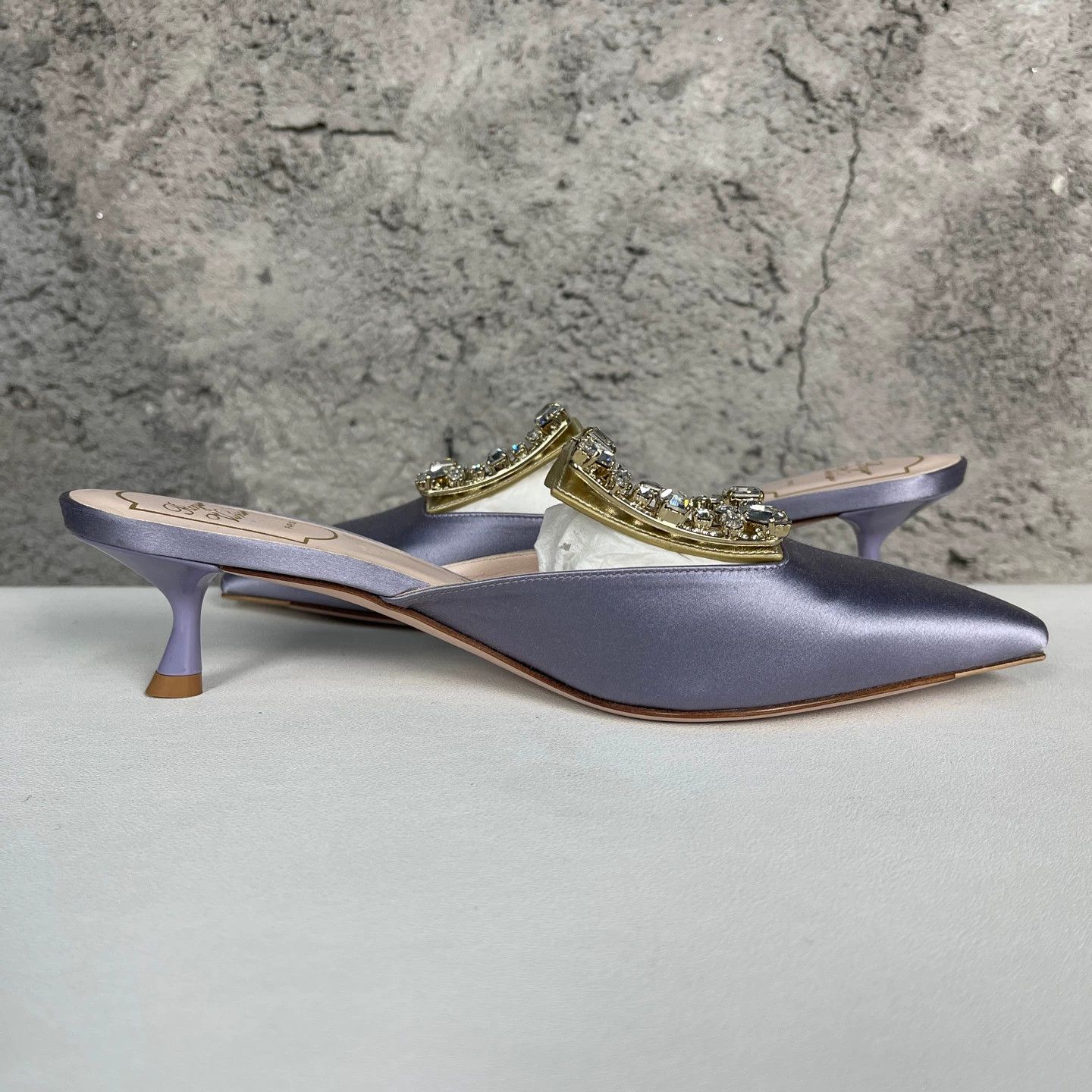 Roger Vivier RV Crystal Floral Buckle Satin Pointed Toe Heel Sandal 36.5 New Size US 6 / IT 36 - 5 Thumbnail